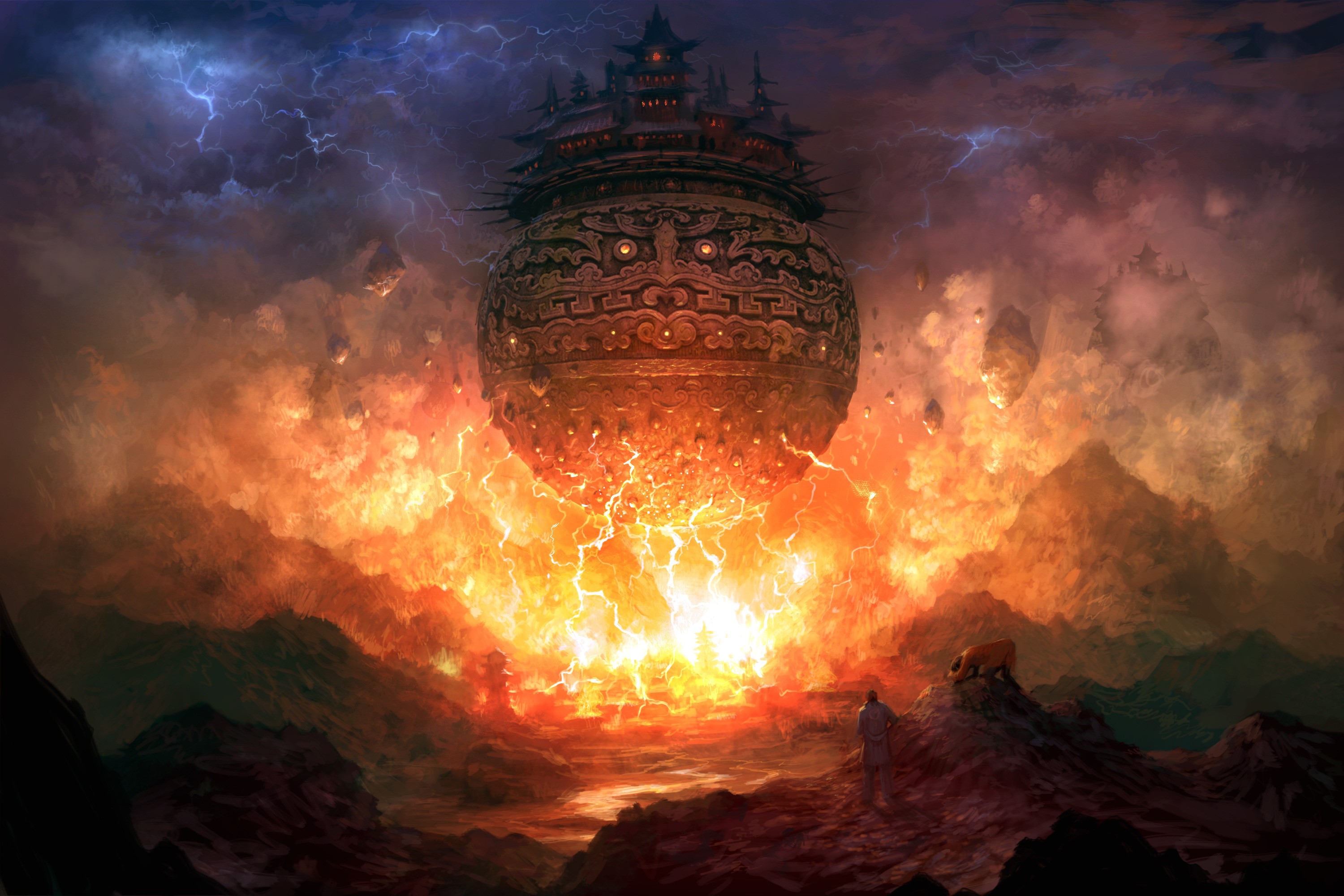 Blade & Soul: Floating Orb and Fiery Landscape HD Wallpaper