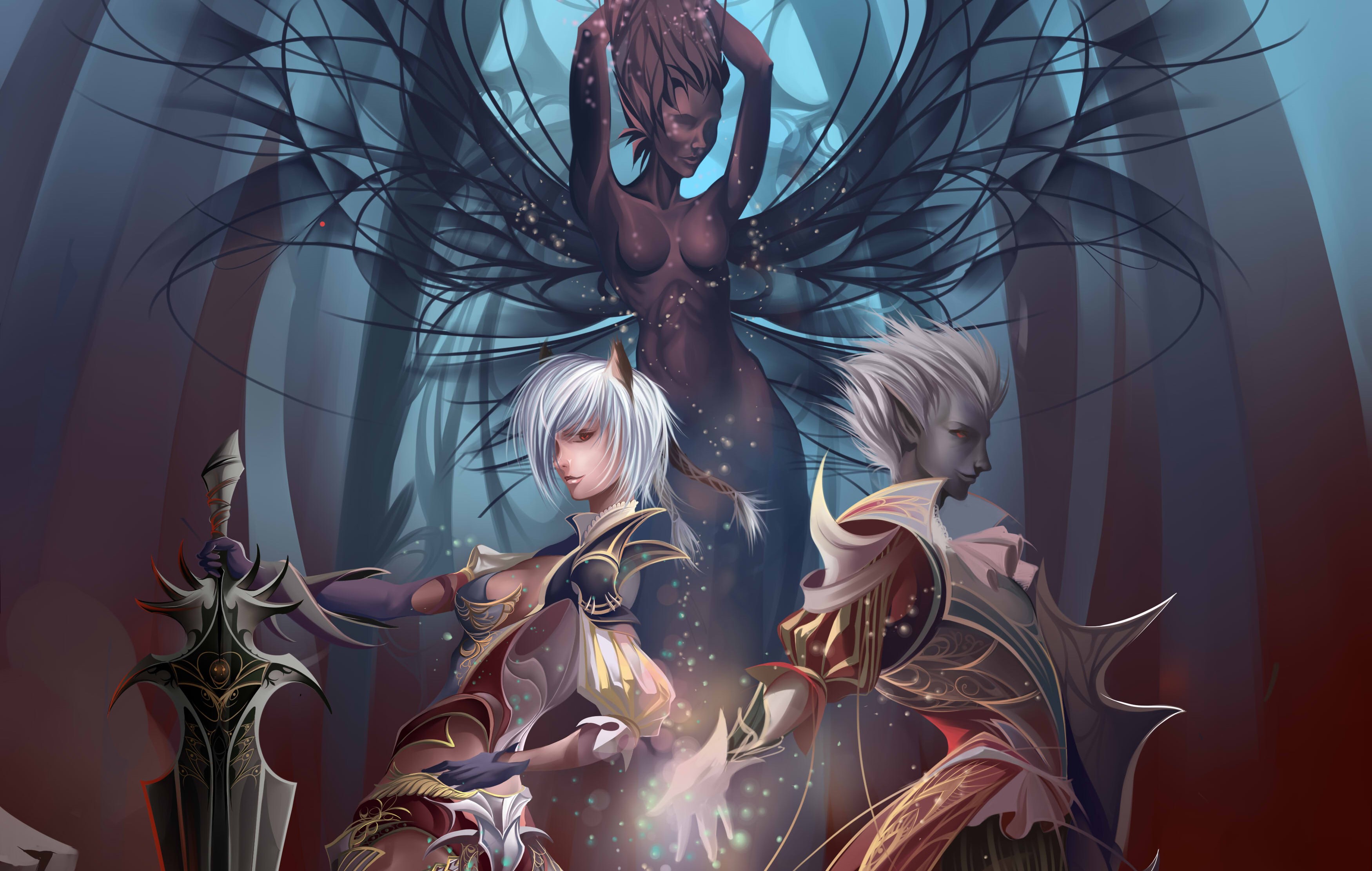 Elves and dark fairy in a mystical forest HD Wallpaper