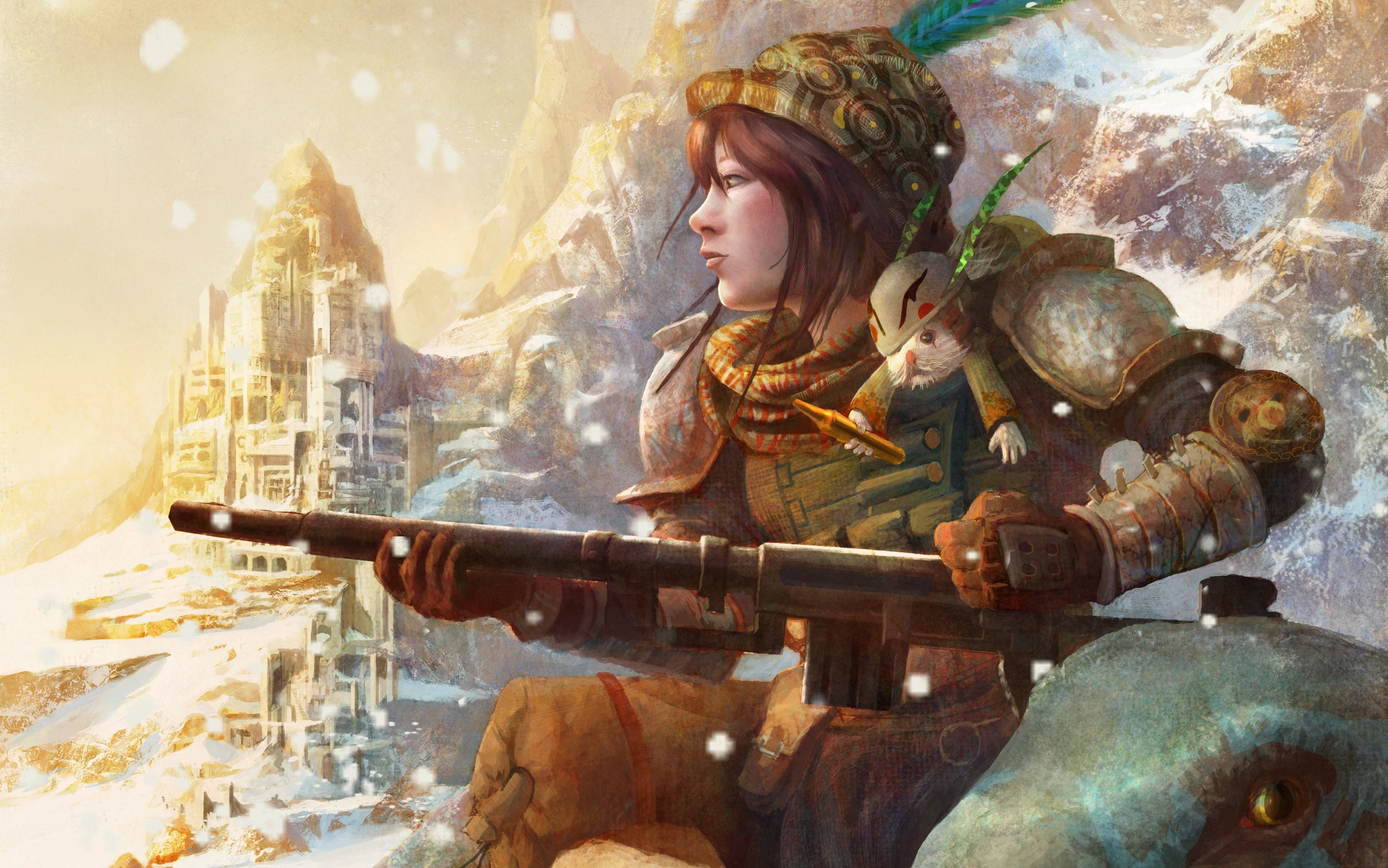 Girl with rifle and creature in snowy mountains HD Wallpaper