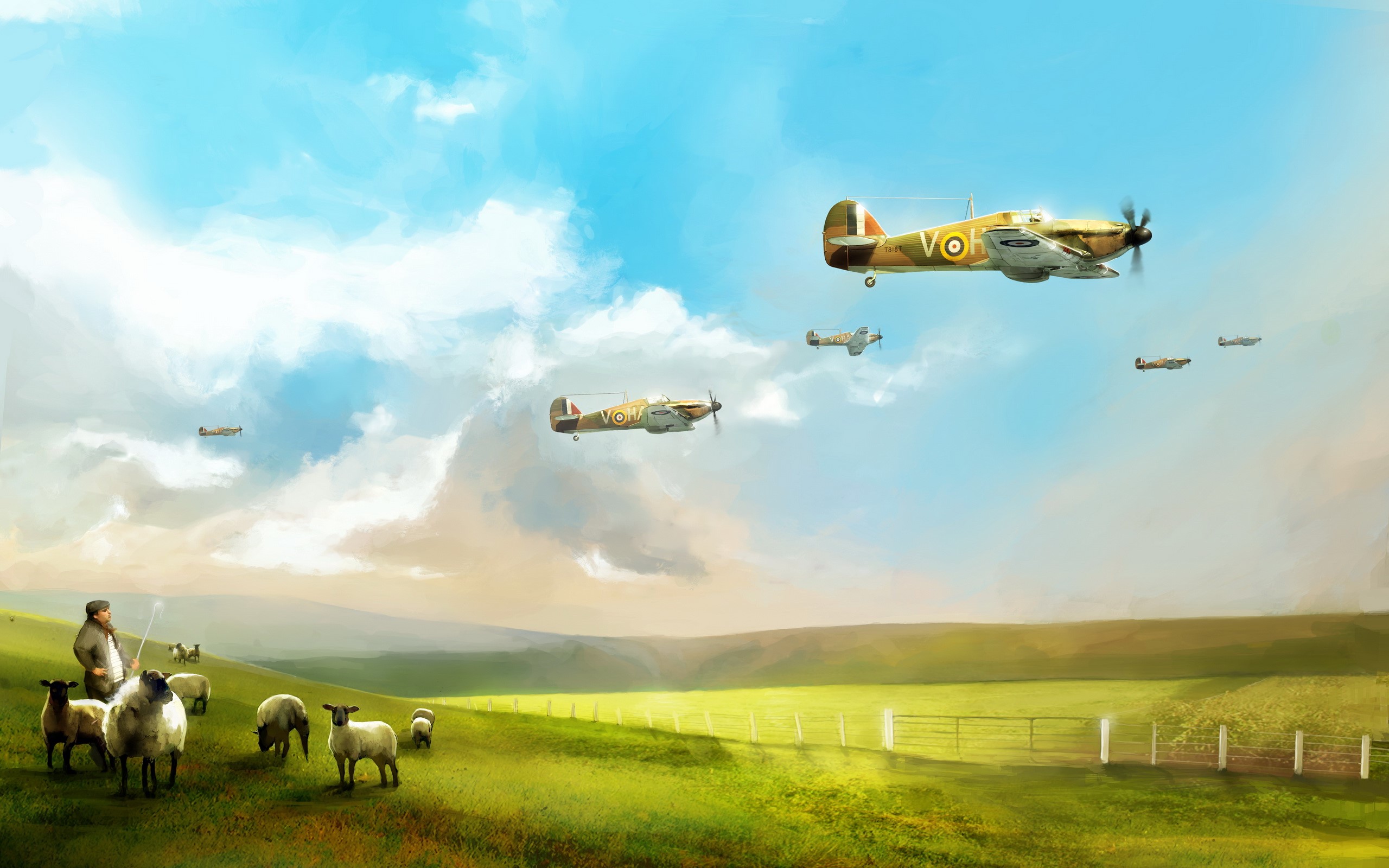 WWII airplanes flying over a pastoral landscape with sheep HD Wallpaper