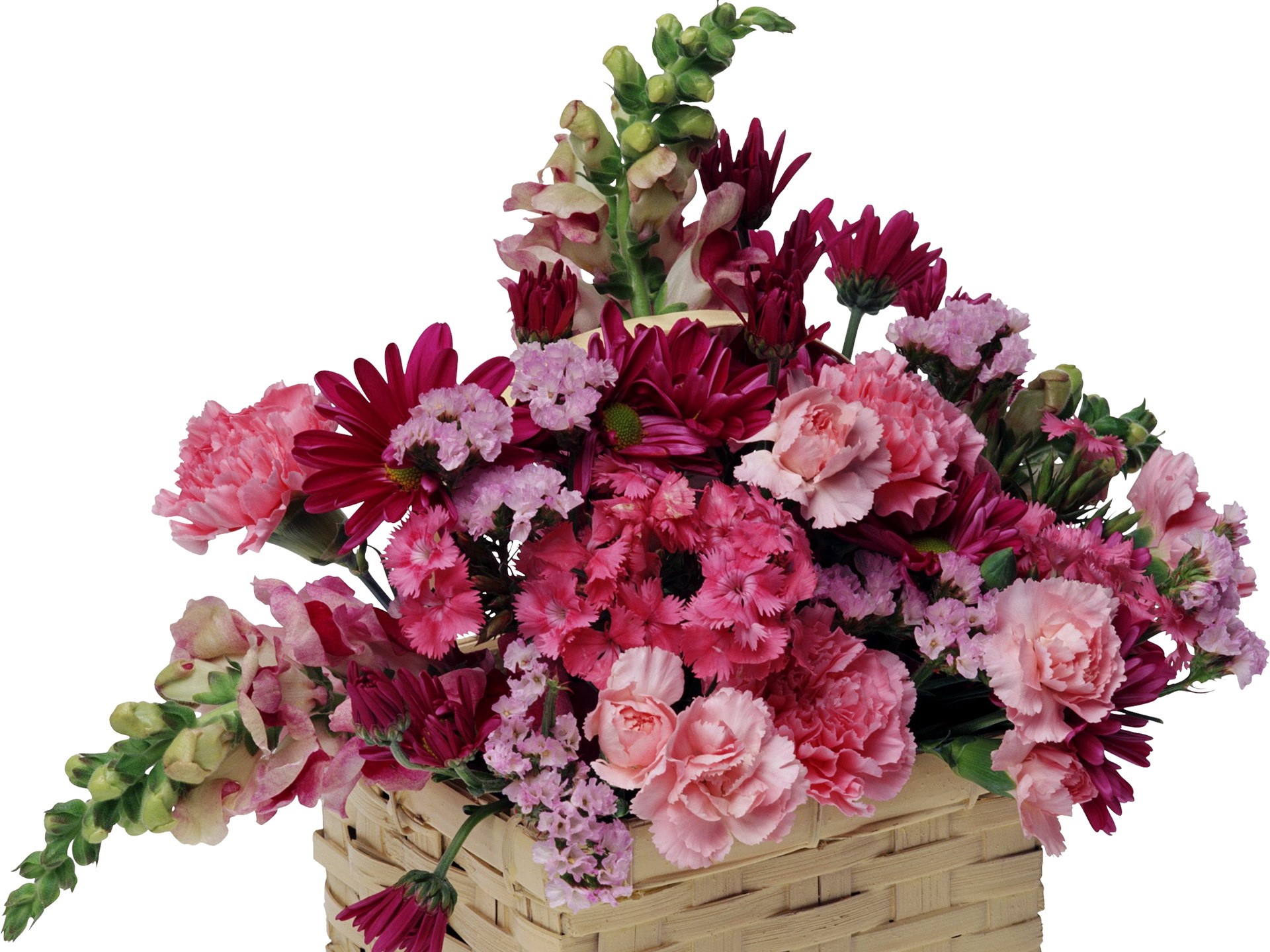 Pink and red flowers in a basket HD Wallpaper