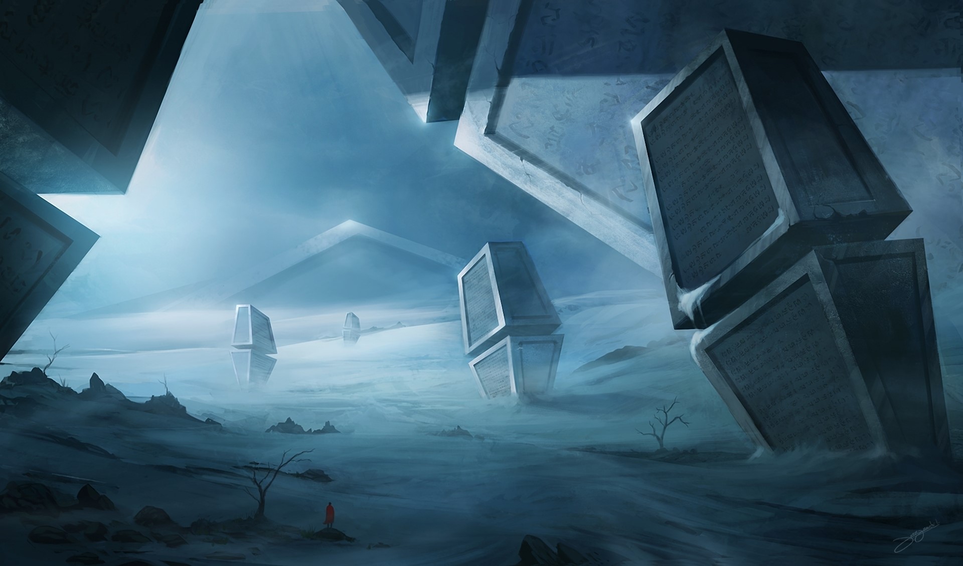 Alien landscape with monolithic structures and a lone figure HD Wallpaper