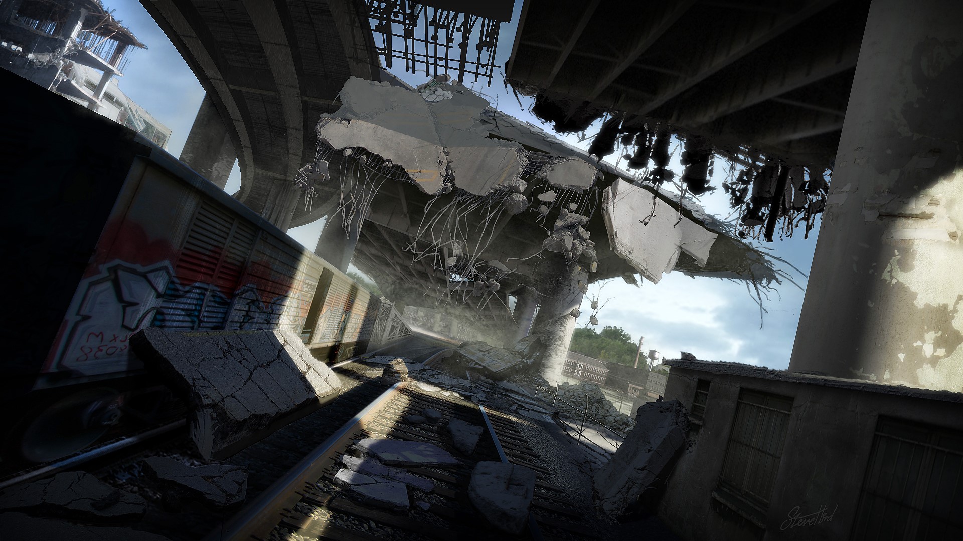 MotorStorm post-apocalyptic destroyed highway and train tracks HD Wallpaper