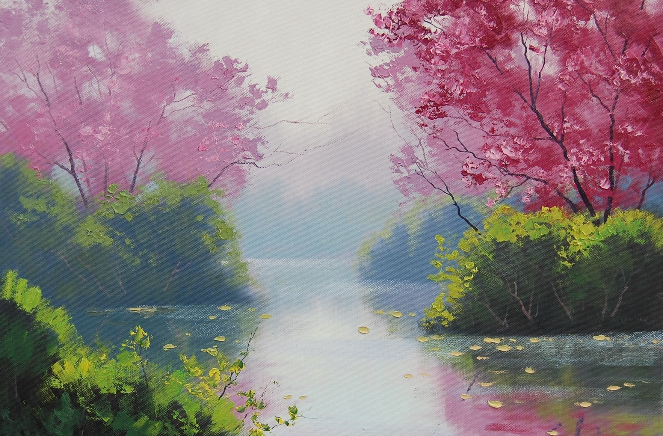 Painting of a river with pink trees and green bushes HD Wallpaper