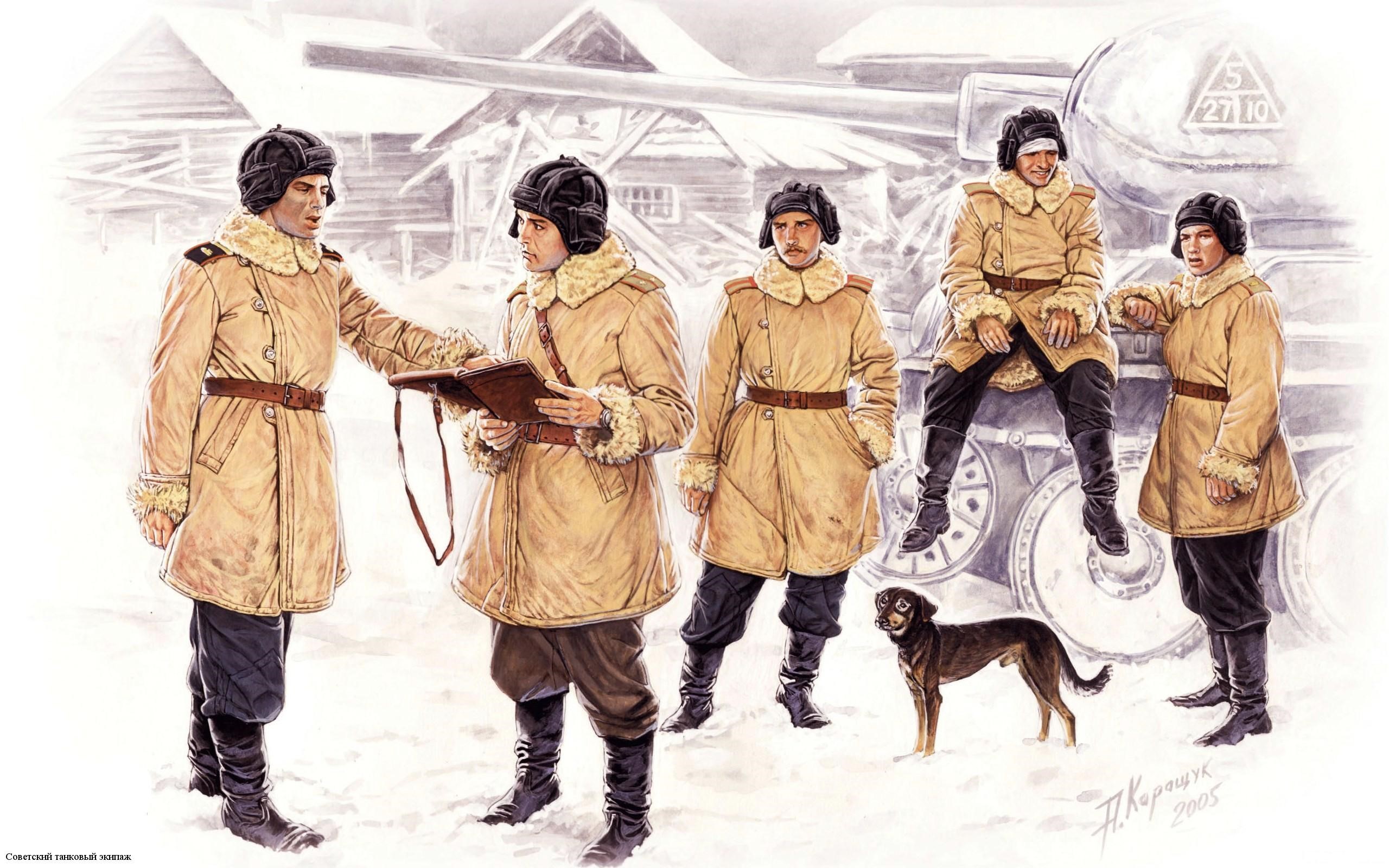 Soviet soldiers in winter uniforms with a tank HD Wallpaper