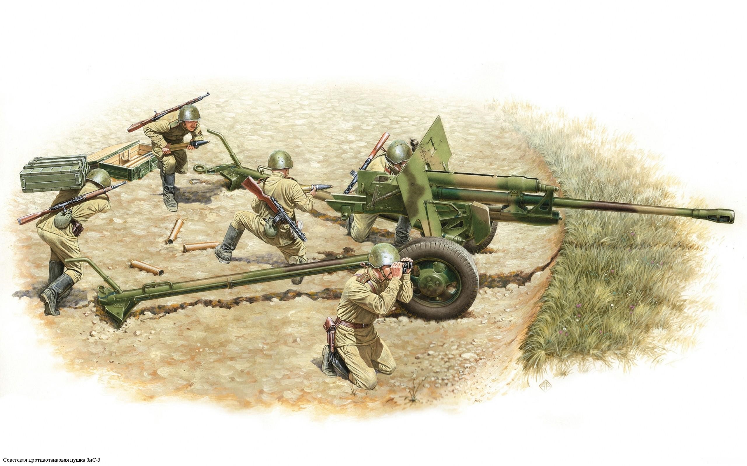 Soviet anti-tank gun crew in action HD Wallpaper