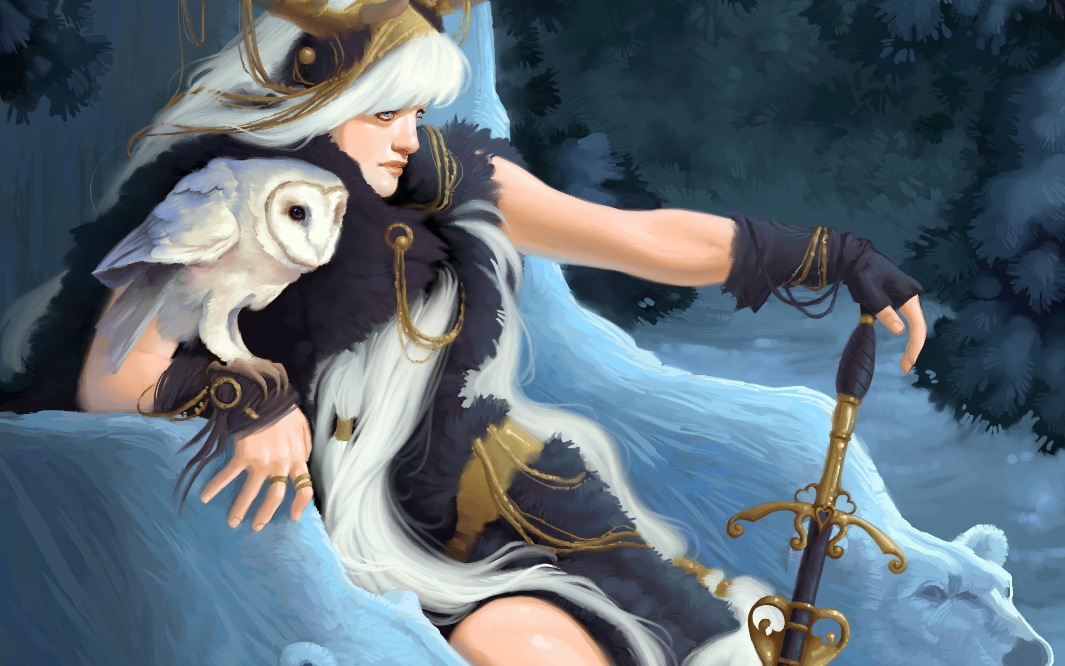 Woman with owl and sword in snowy forest HD Wallpaper