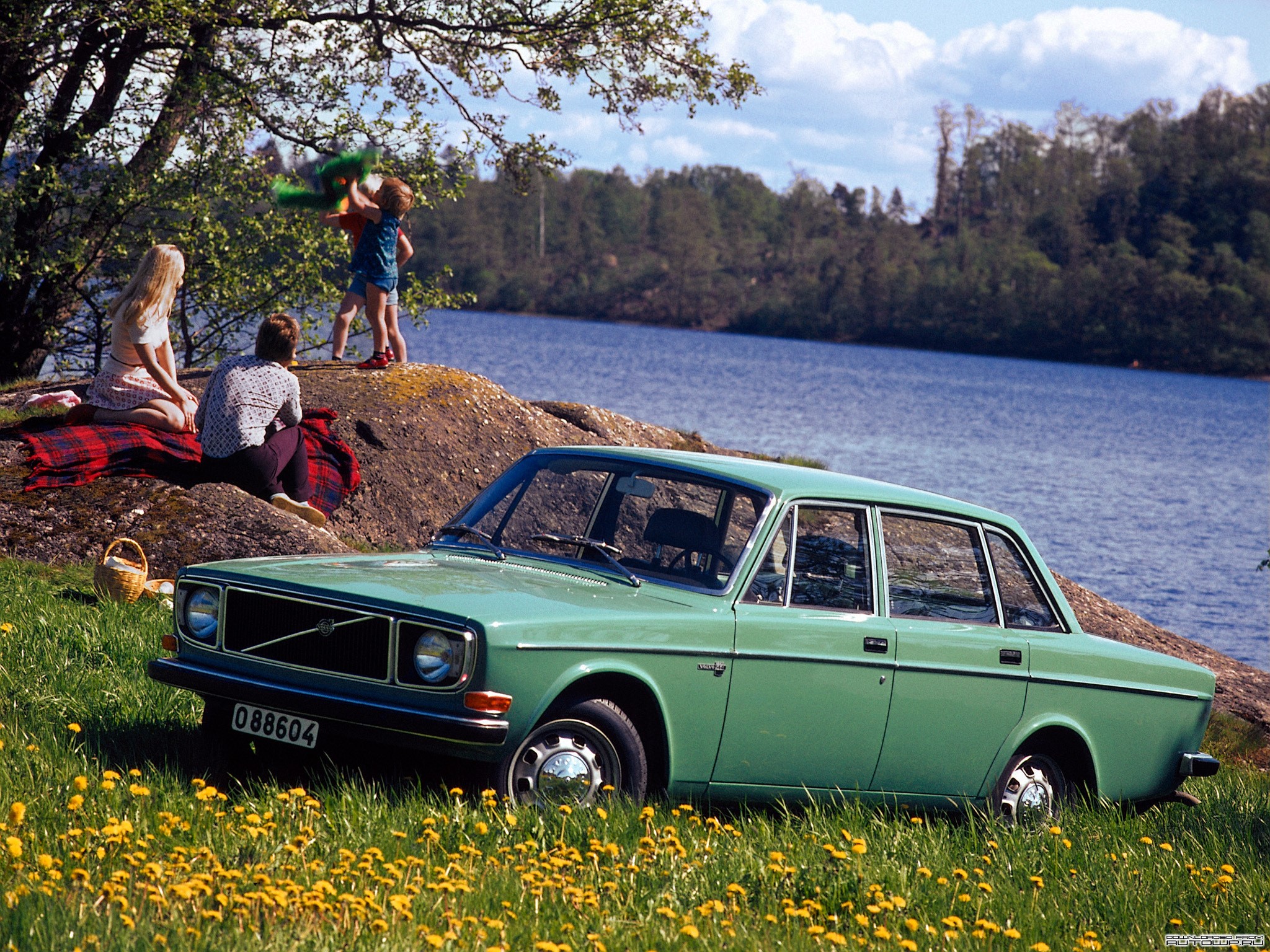 Family picnic by a lake with a vintage Volvo car HD Wallpaper
