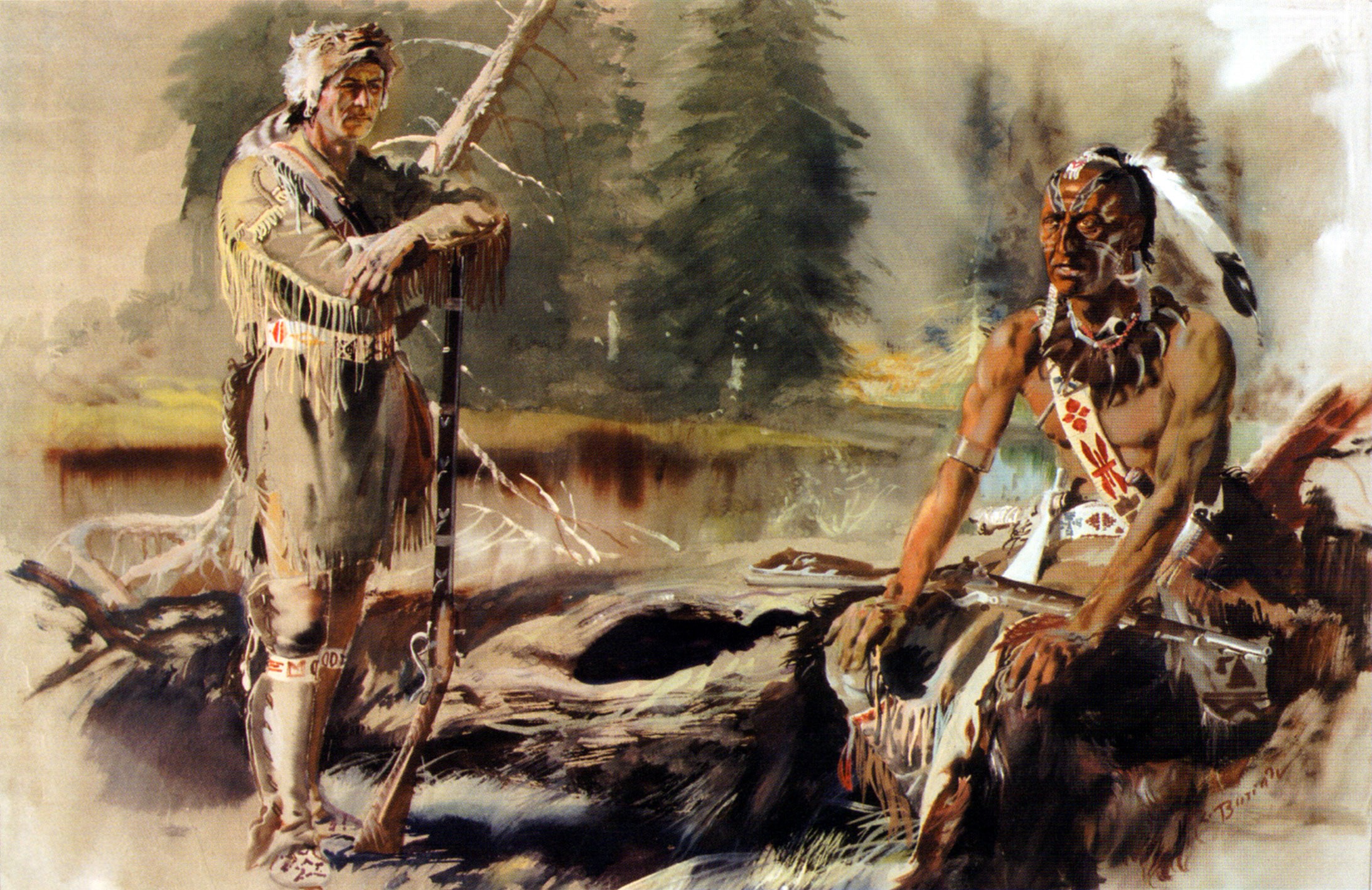 Two men, one Native American, in a forest setting HD Wallpaper
