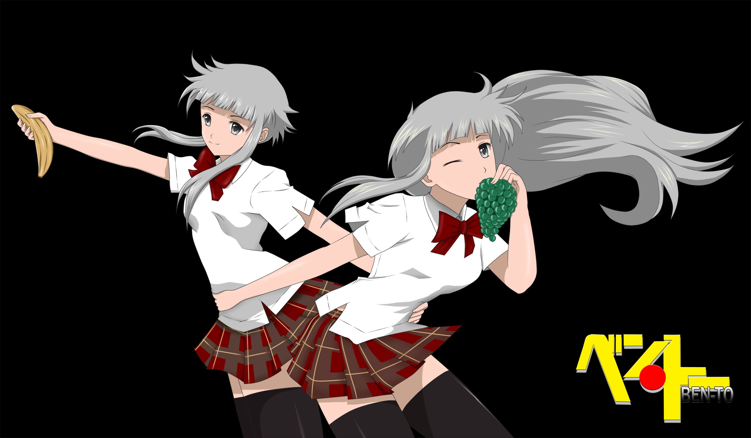 Two girls from Ben-Tou with a banana and grapes HD Wallpaper
