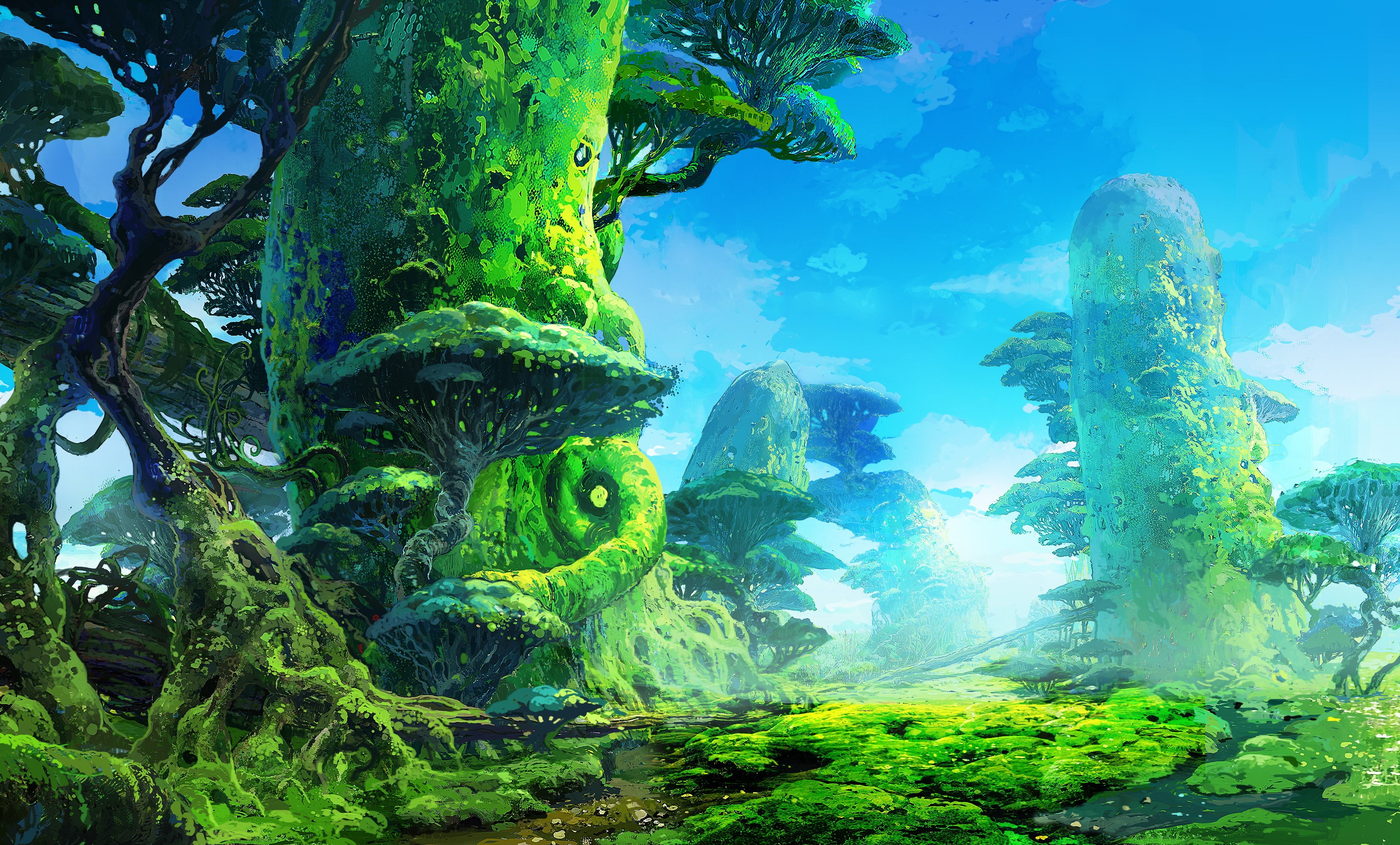 Fantasy forest with giant trees and blue sky HD Wallpaper