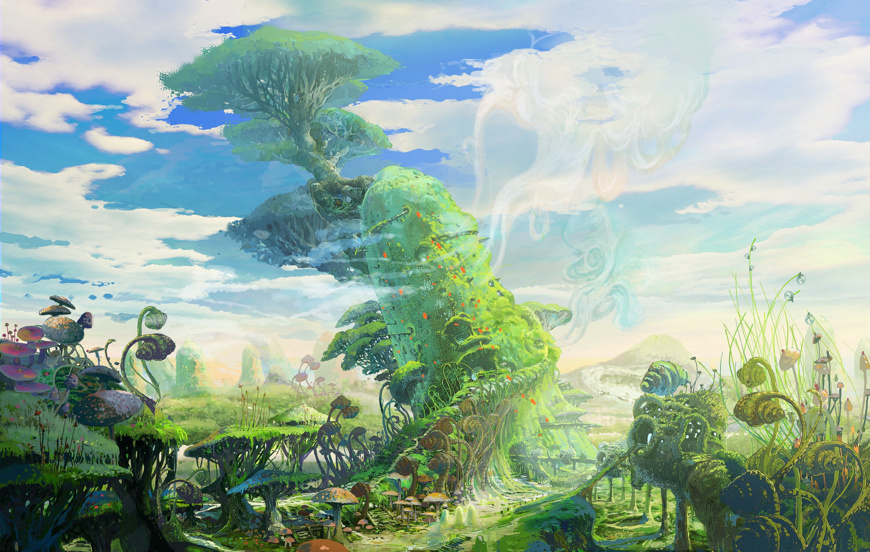 Fantasy landscape with giant mushrooms and trees HD Wallpaper