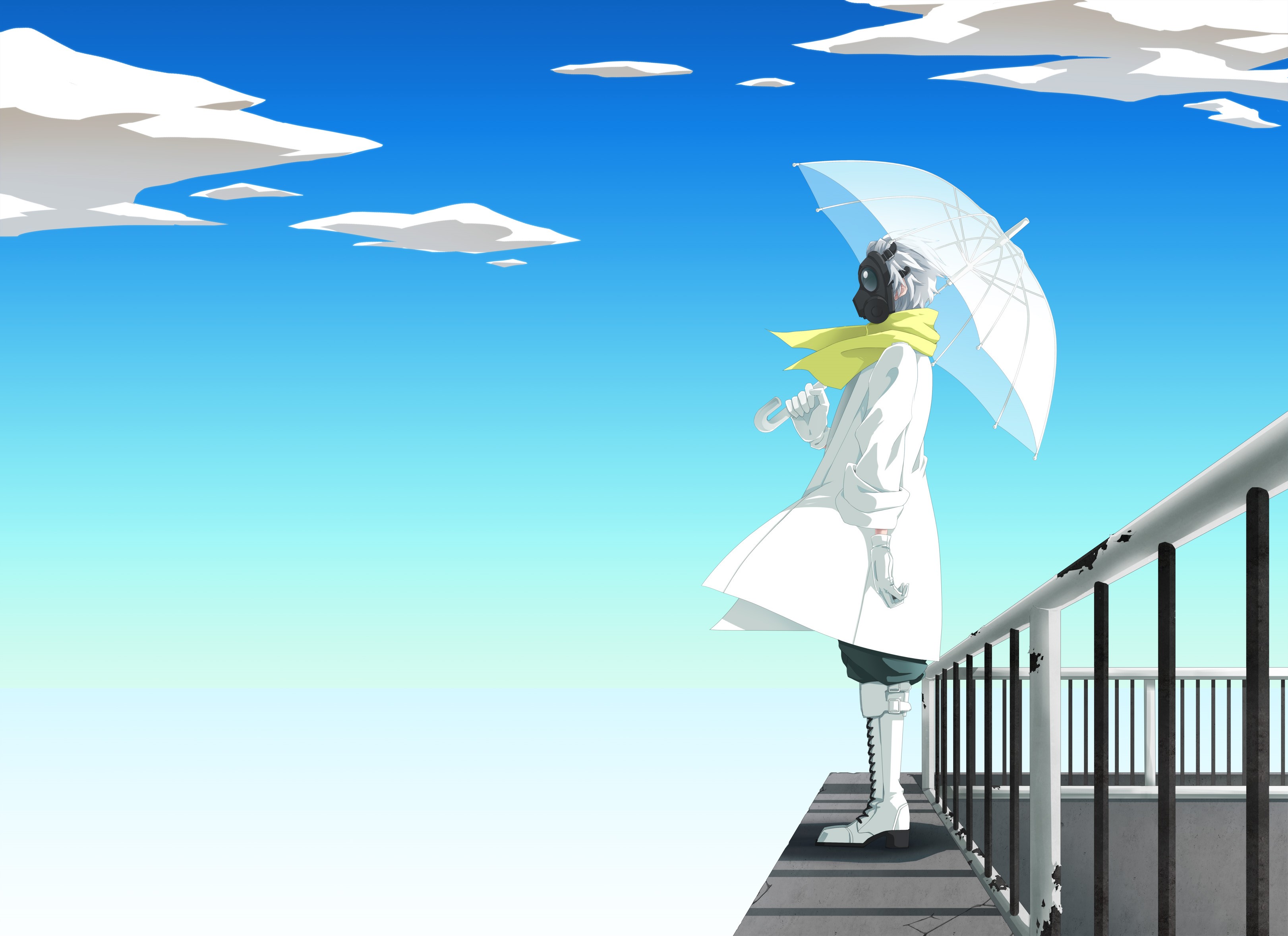 Anime character with gas mask and umbrella on a balcony HD Wallpaper