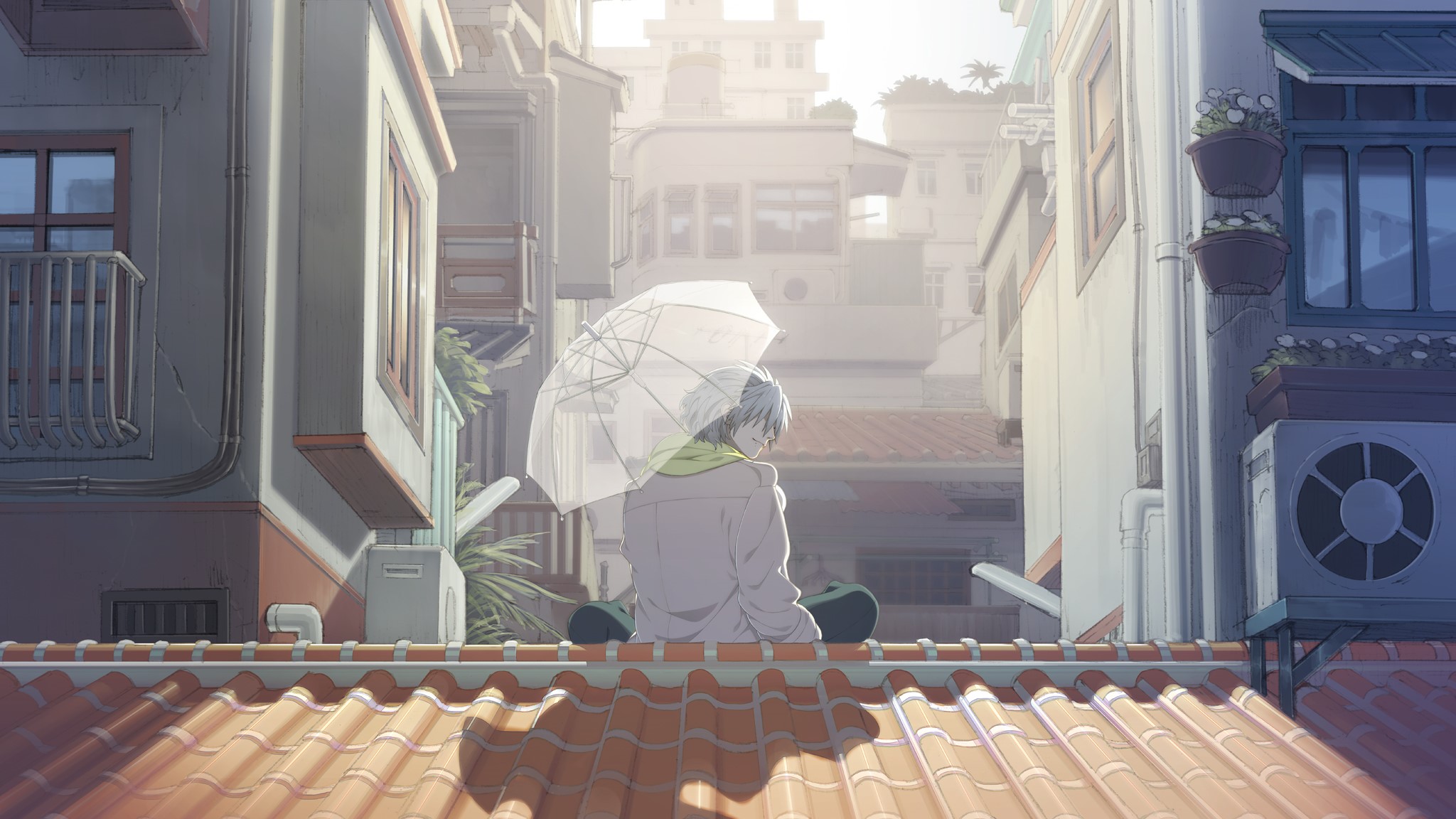 Anime boy with umbrella sitting on rooftop HD Wallpaper