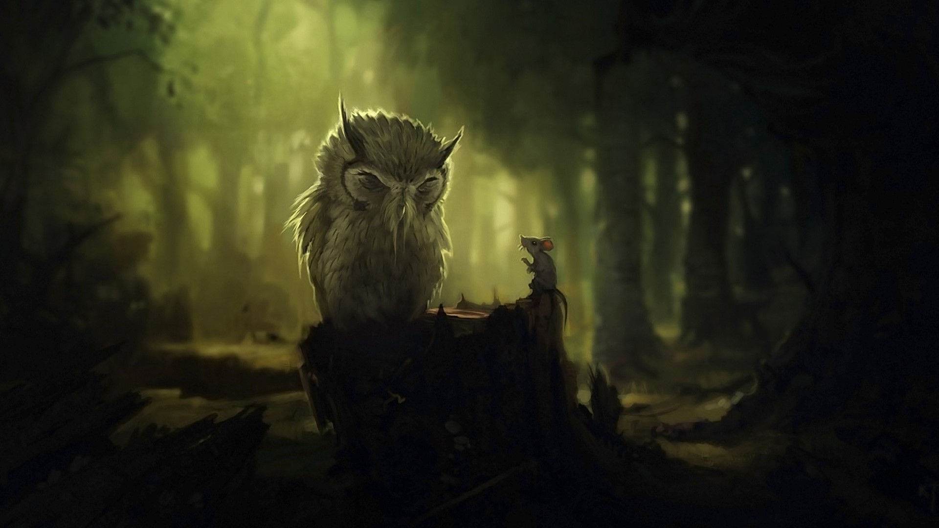An owl and a mouse in a dark forest HD Wallpaper