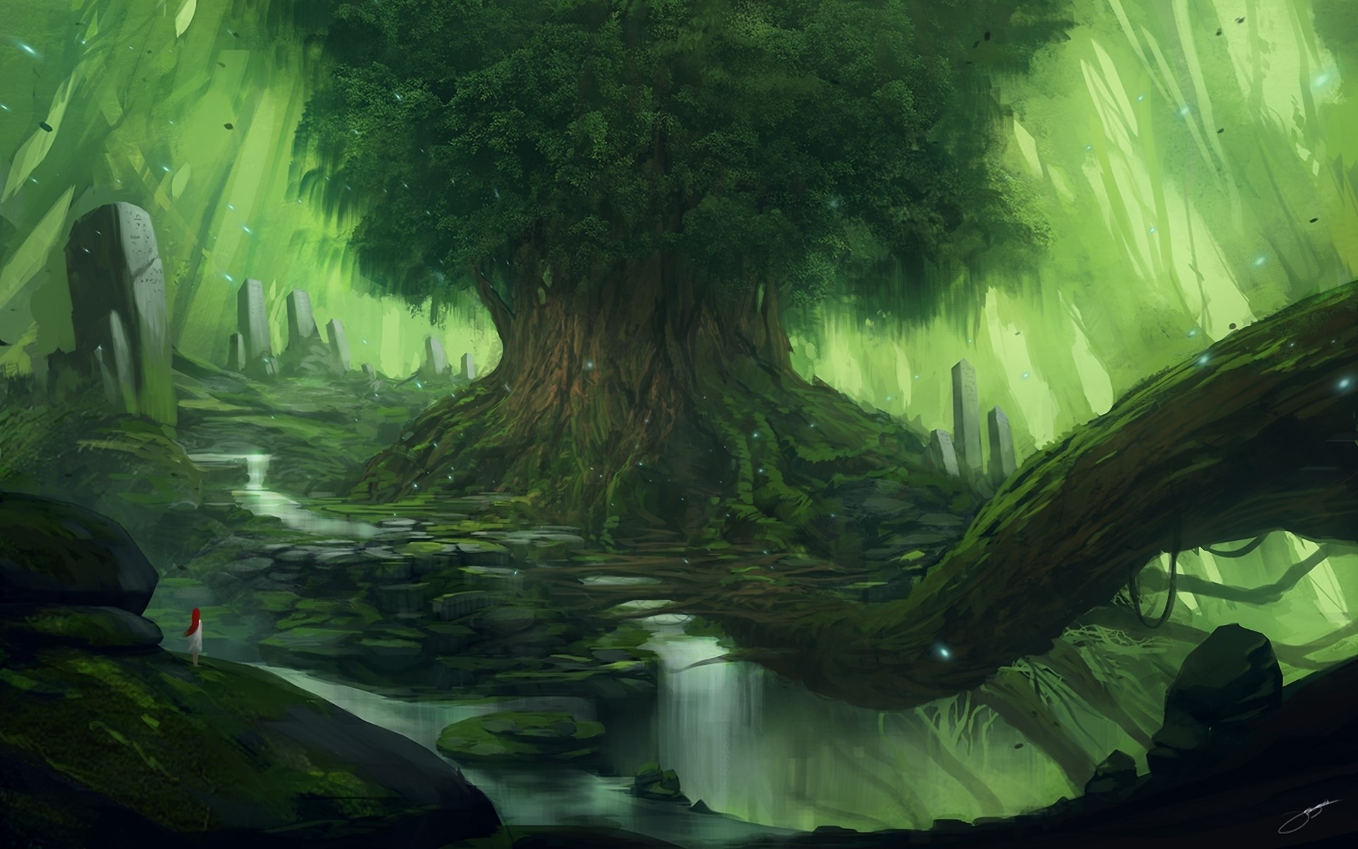 Fantasy forest with ancient tree and standing stones HD Wallpaper