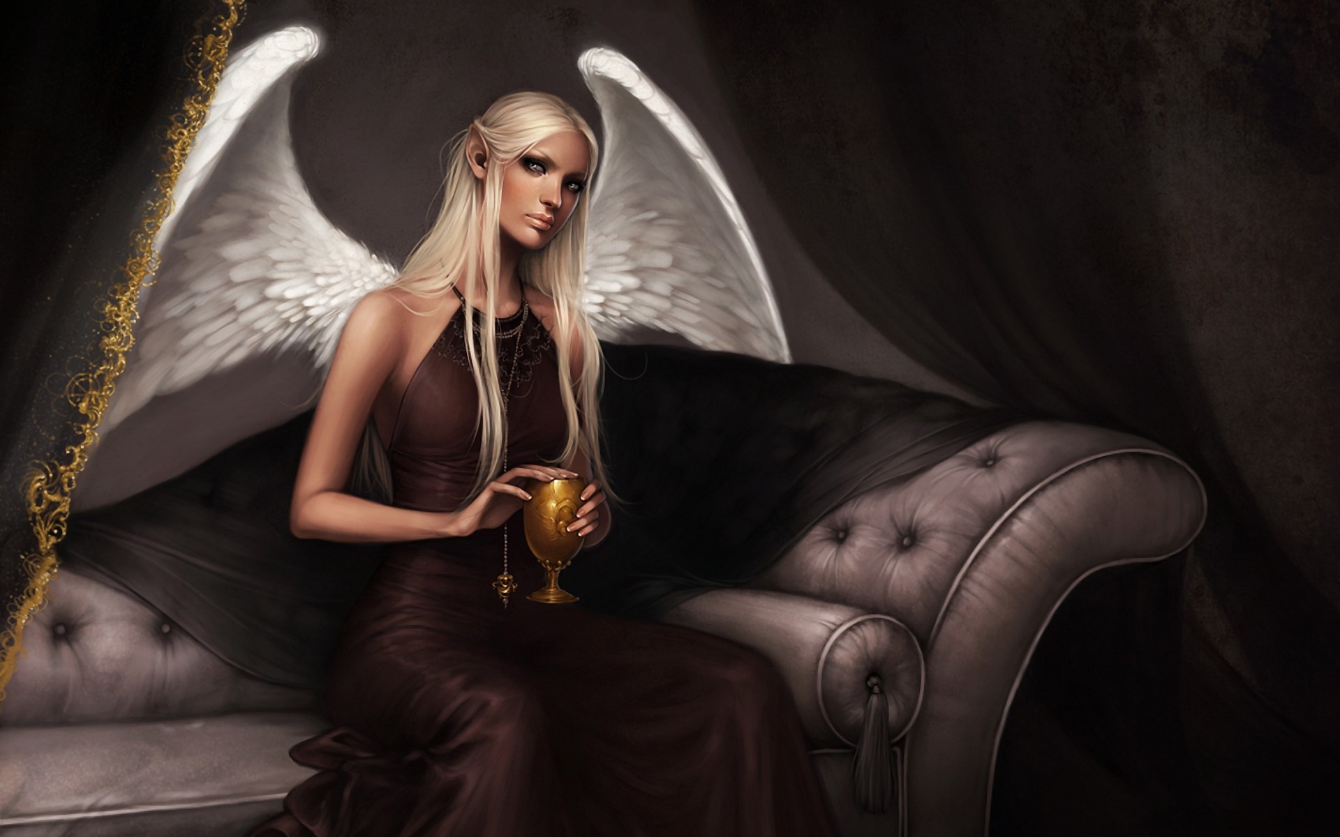 Angel with white wings holding a golden chalice HD Wallpaper