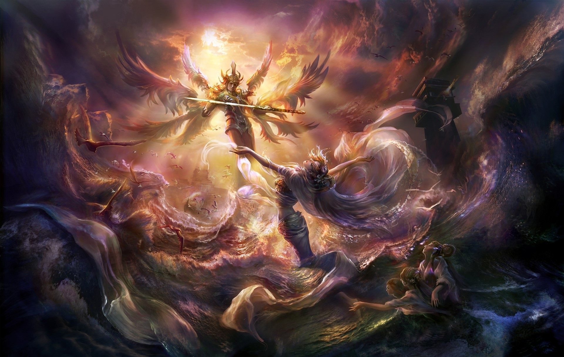 Angels with swords and wings in a stormy sea HD Wallpaper