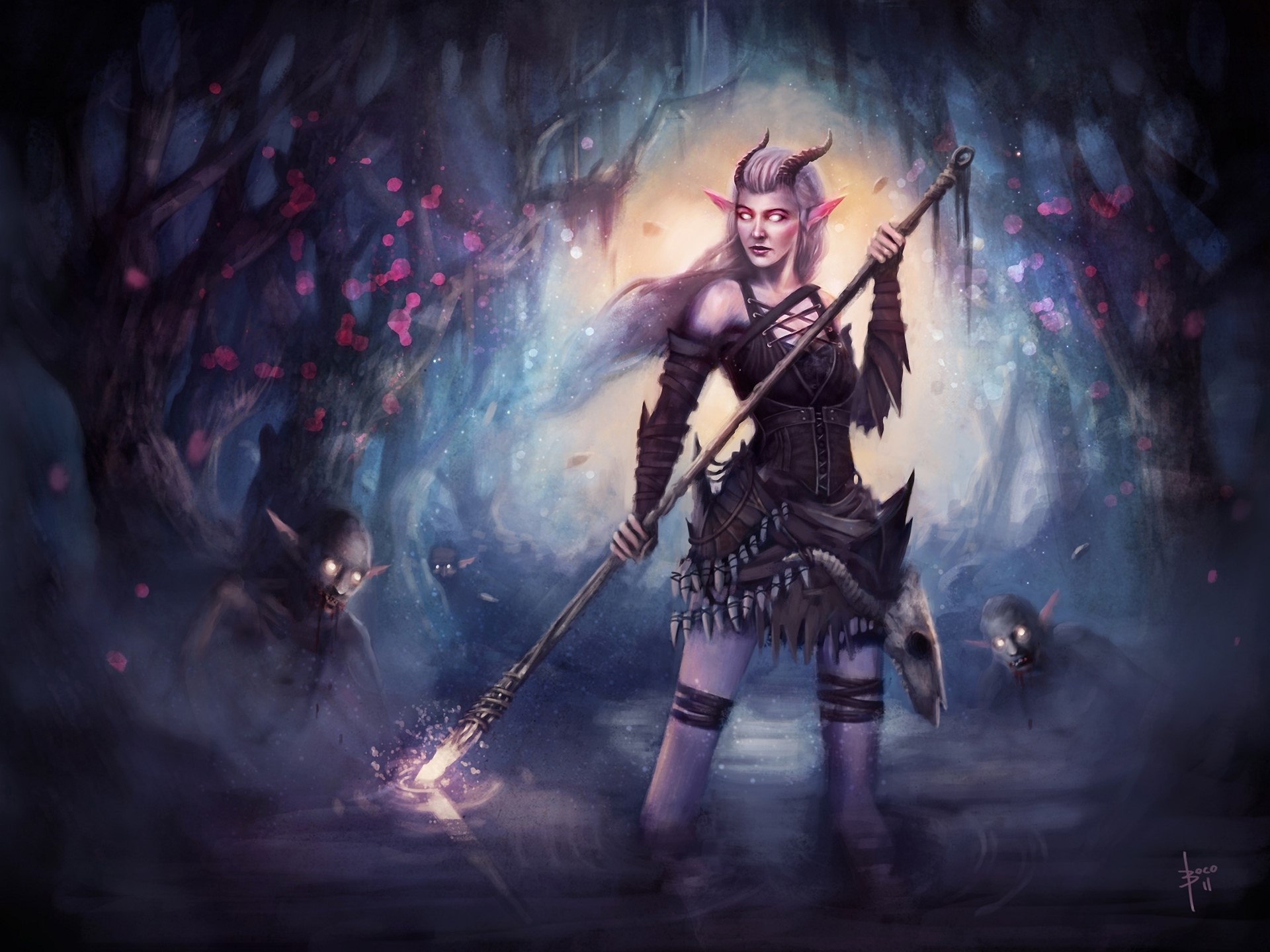 Female demon with horns and staff in a dark forest HD Wallpaper