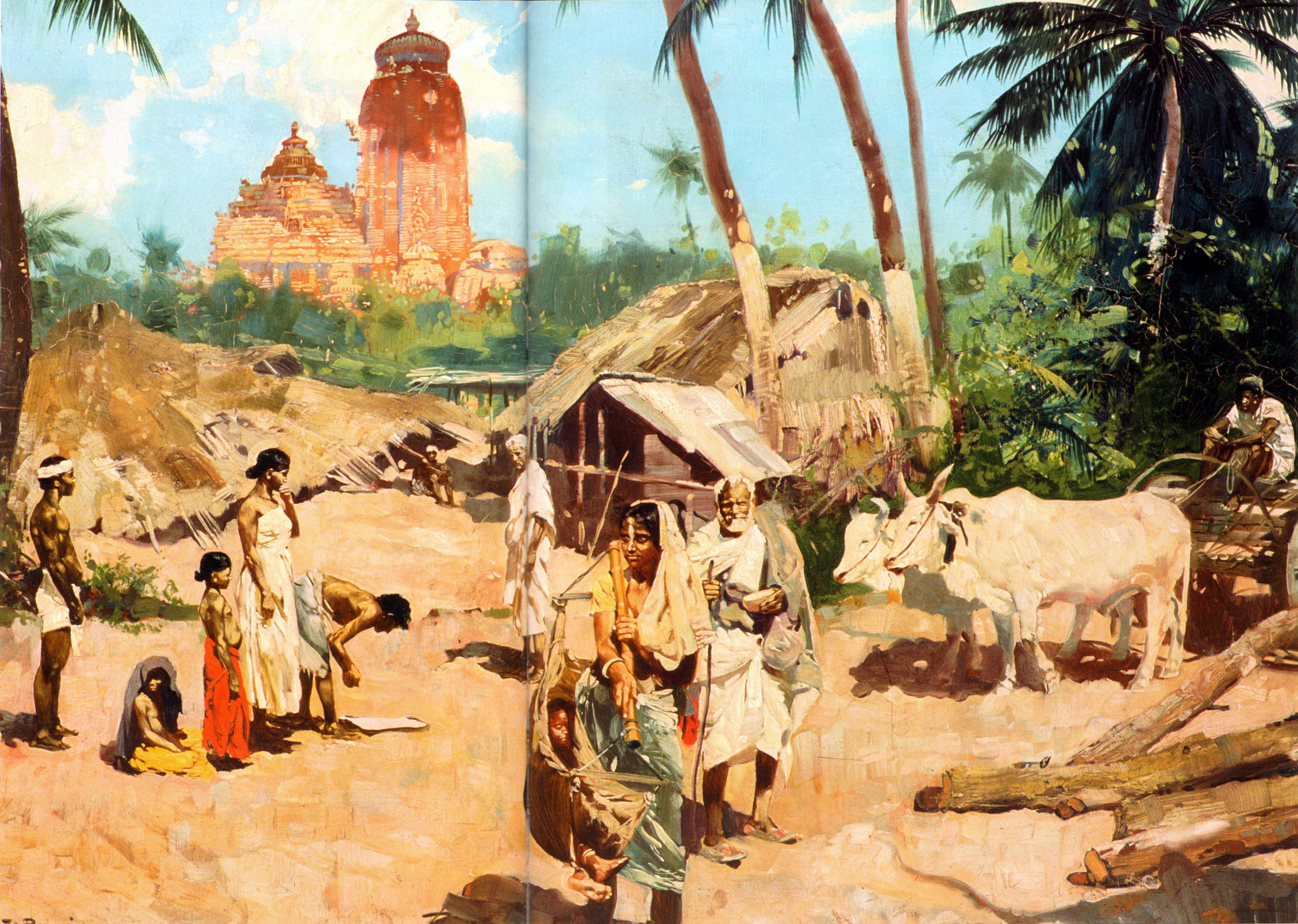 Indian village scene with temple and people HD Wallpaper