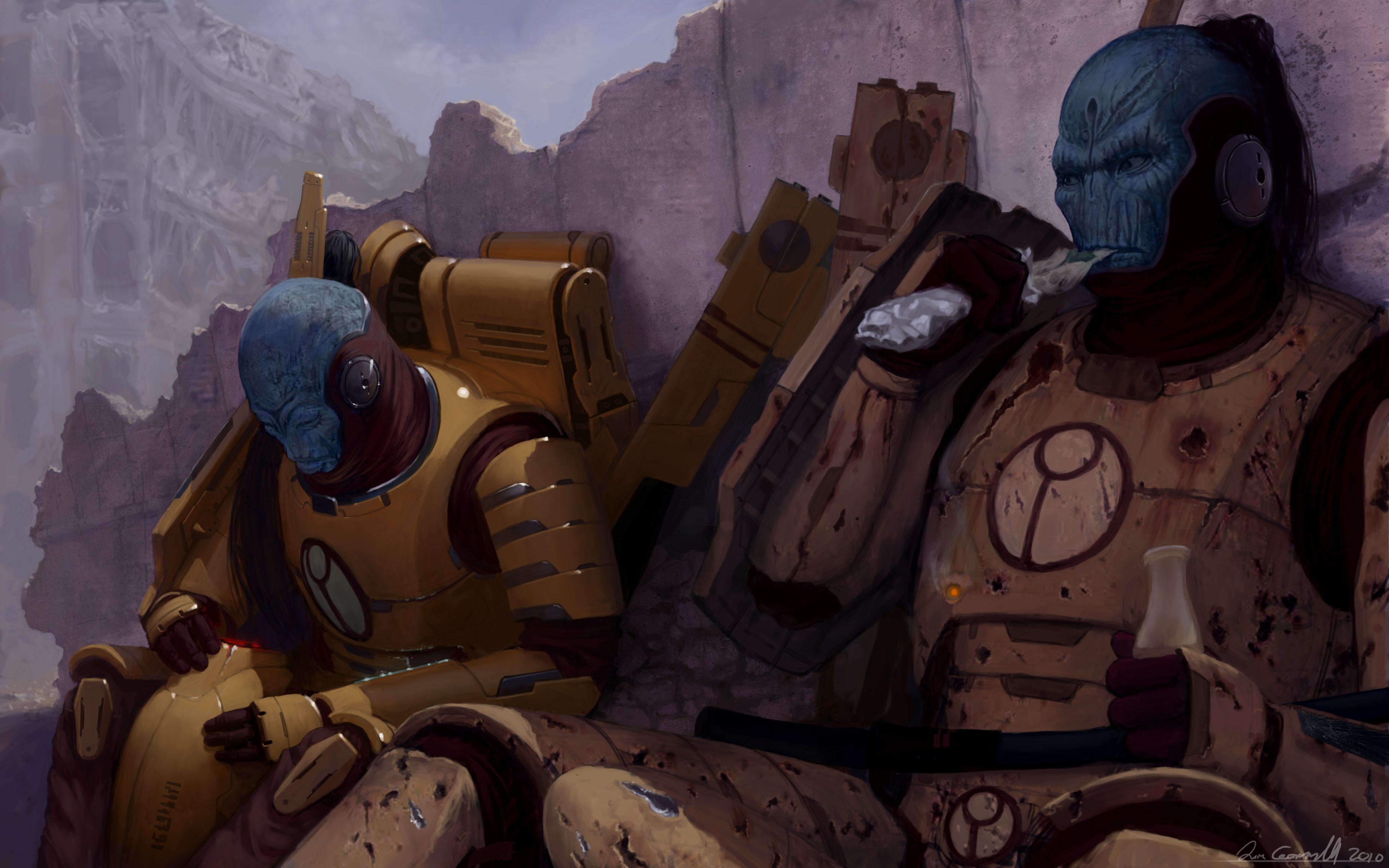 Two Tau warriors resting in ruins HD Wallpaper