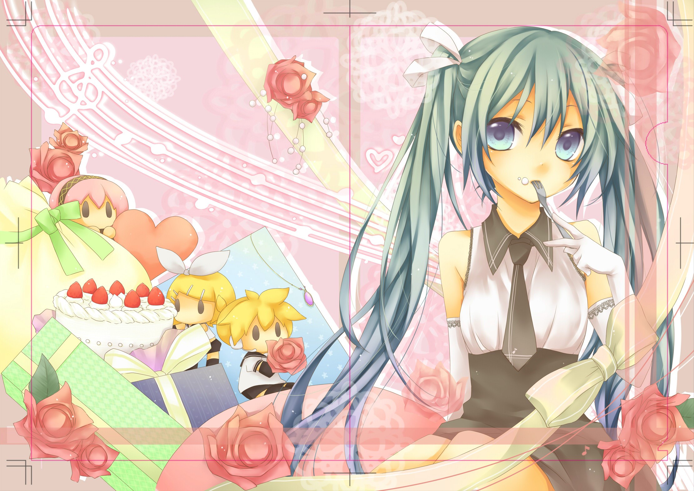 Hatsune Miku and friends with gifts and cake HD Wallpaper