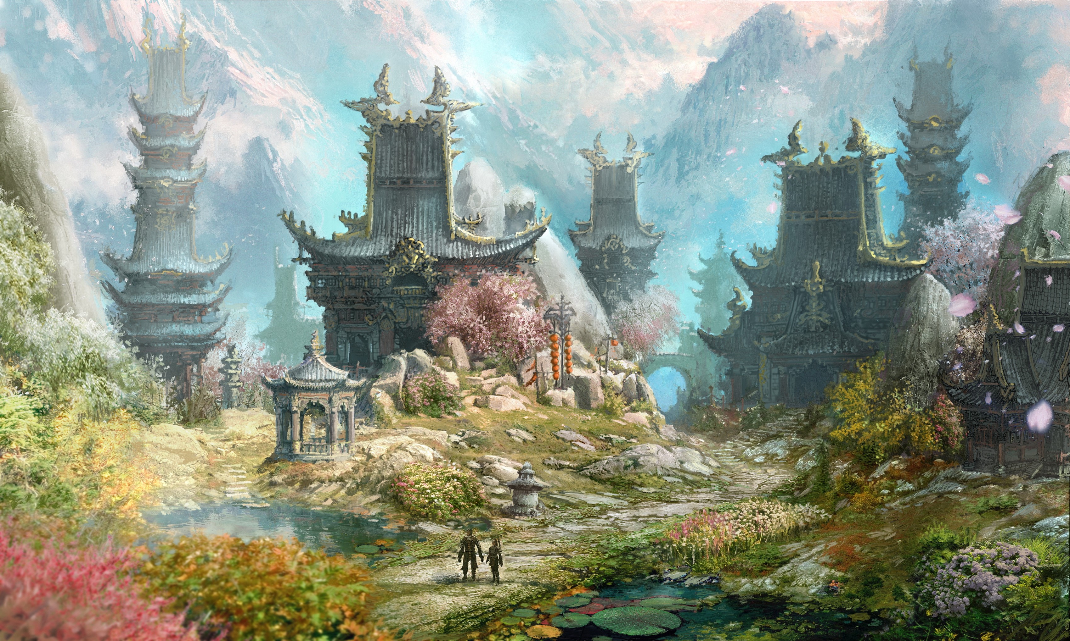 Blade & Soul landscape with pagodas and cherry blossoms HD Wallpaper