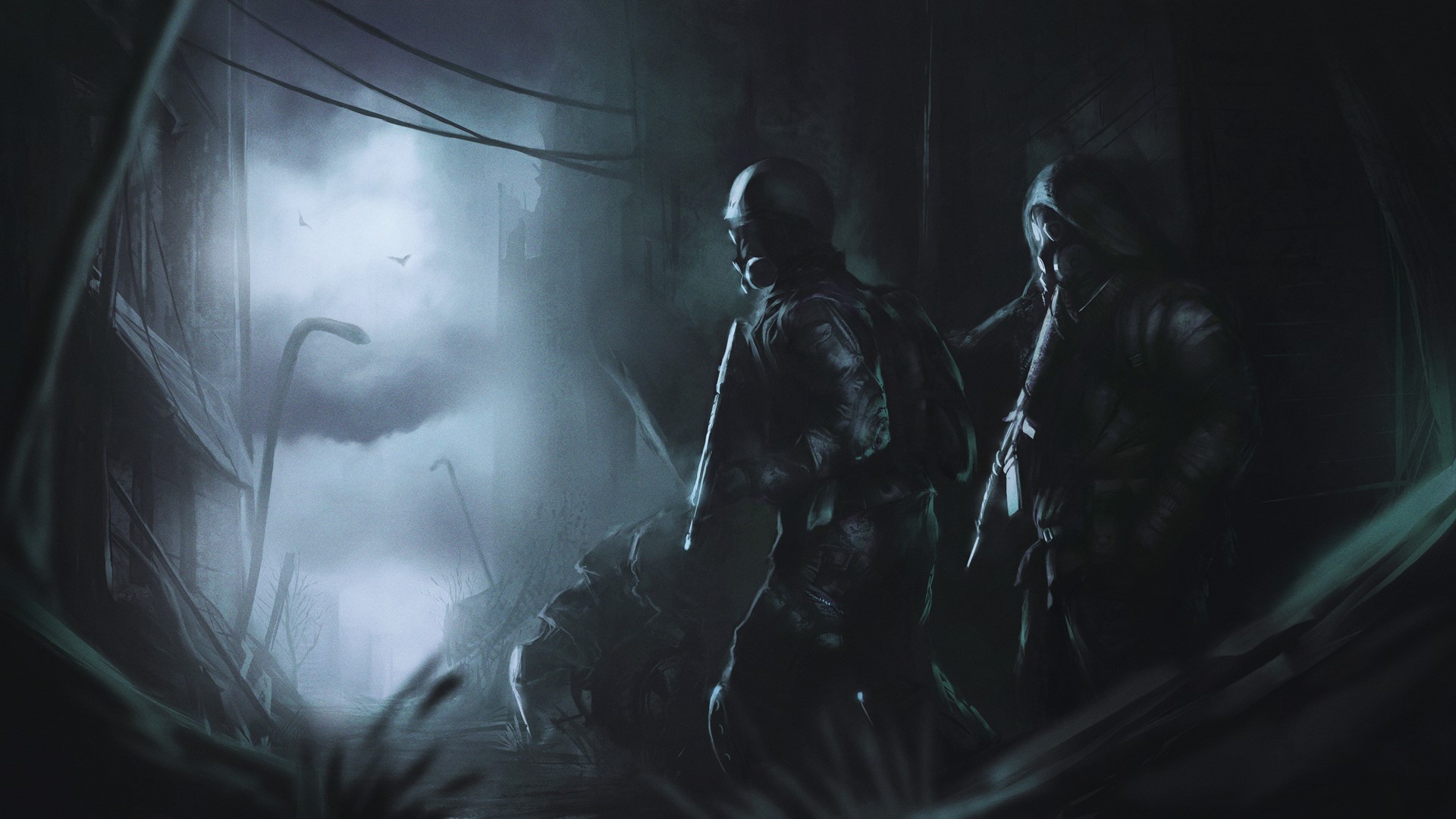 Two soldiers in a dark, post-apocalyptic city HD Wallpaper