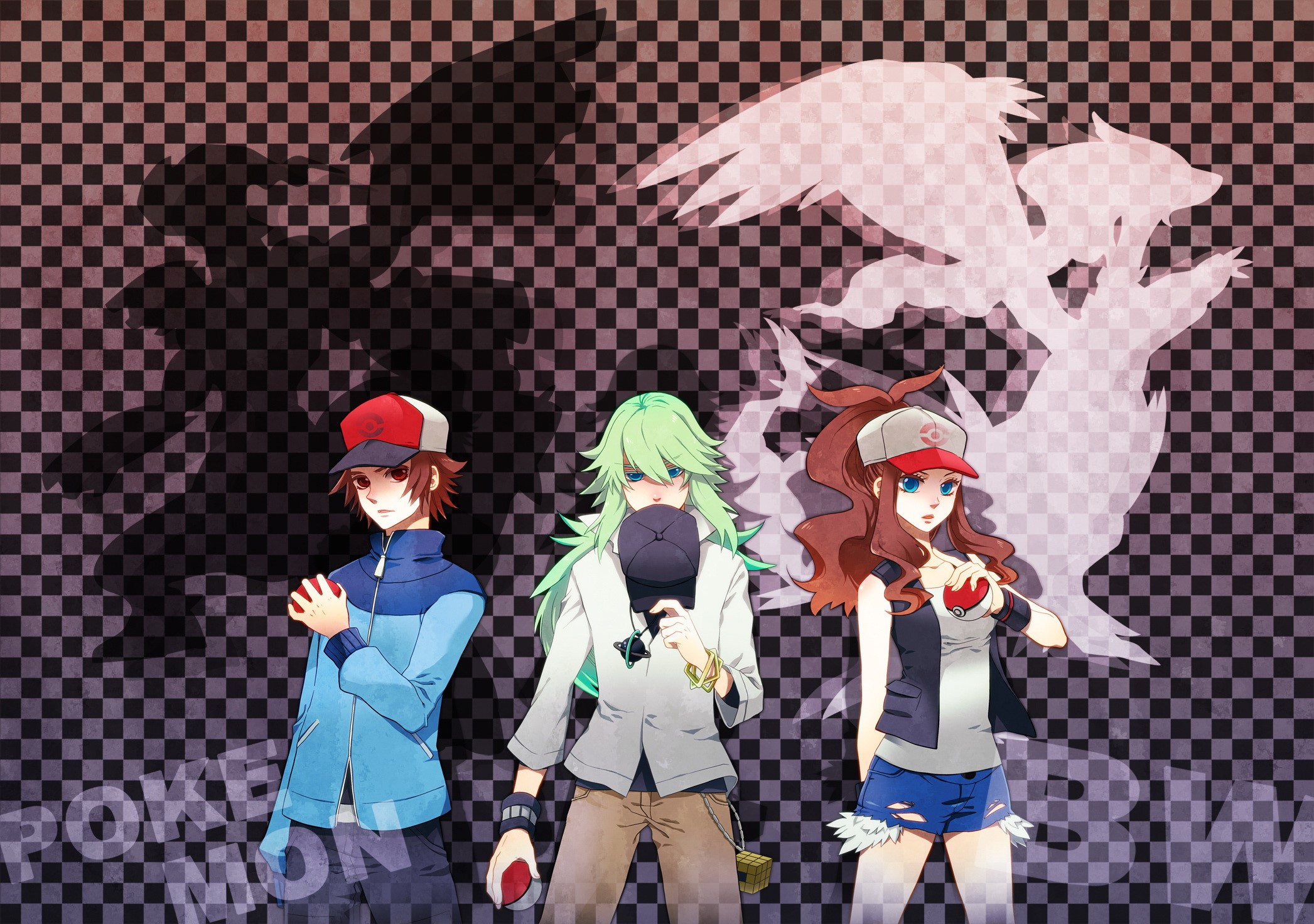 Pokemon characters N, Hilda, and Hilbert with legendary Pokemon shadows HD Wallpaper