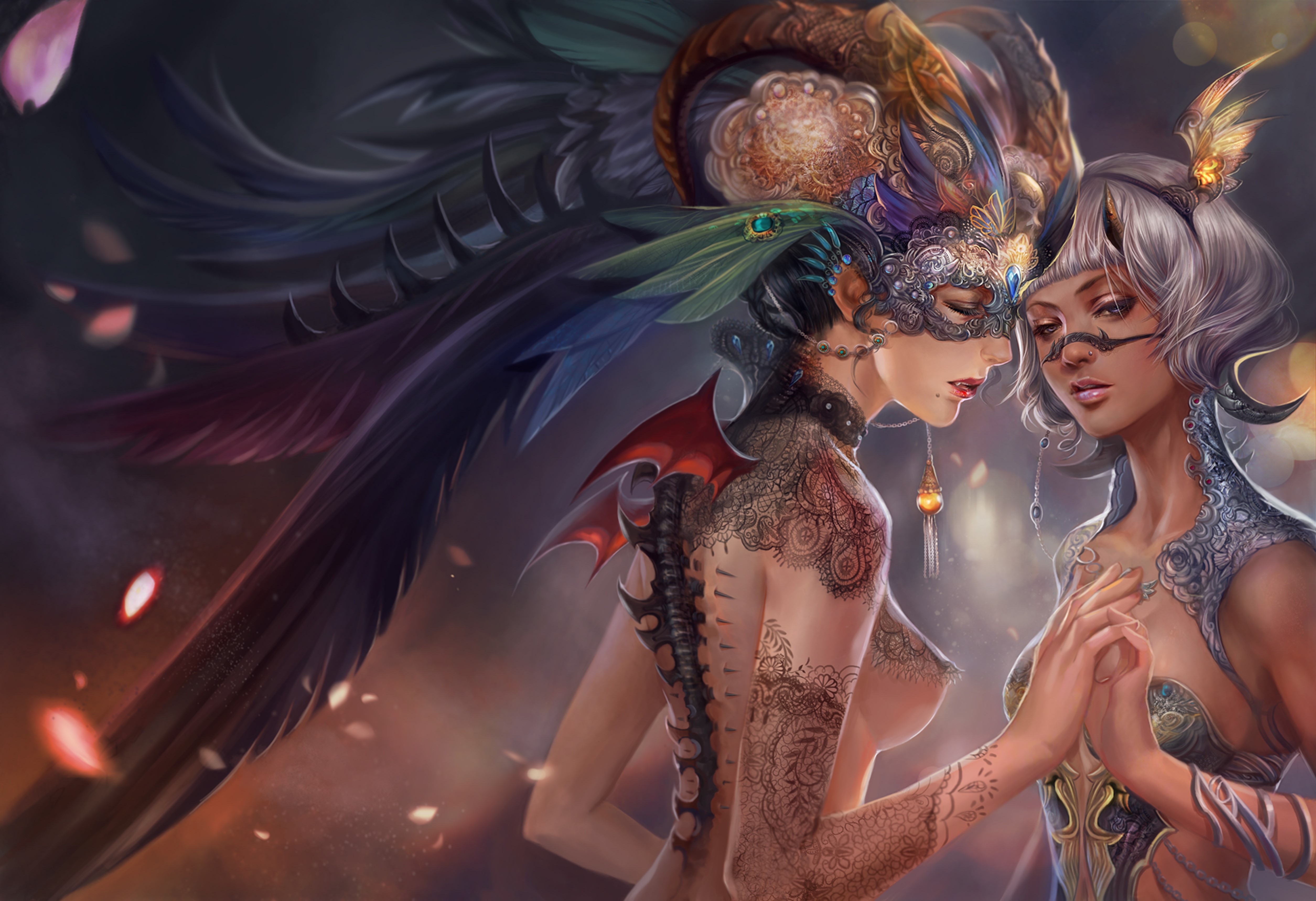 Two women in elaborate masks and costumes HD Wallpaper