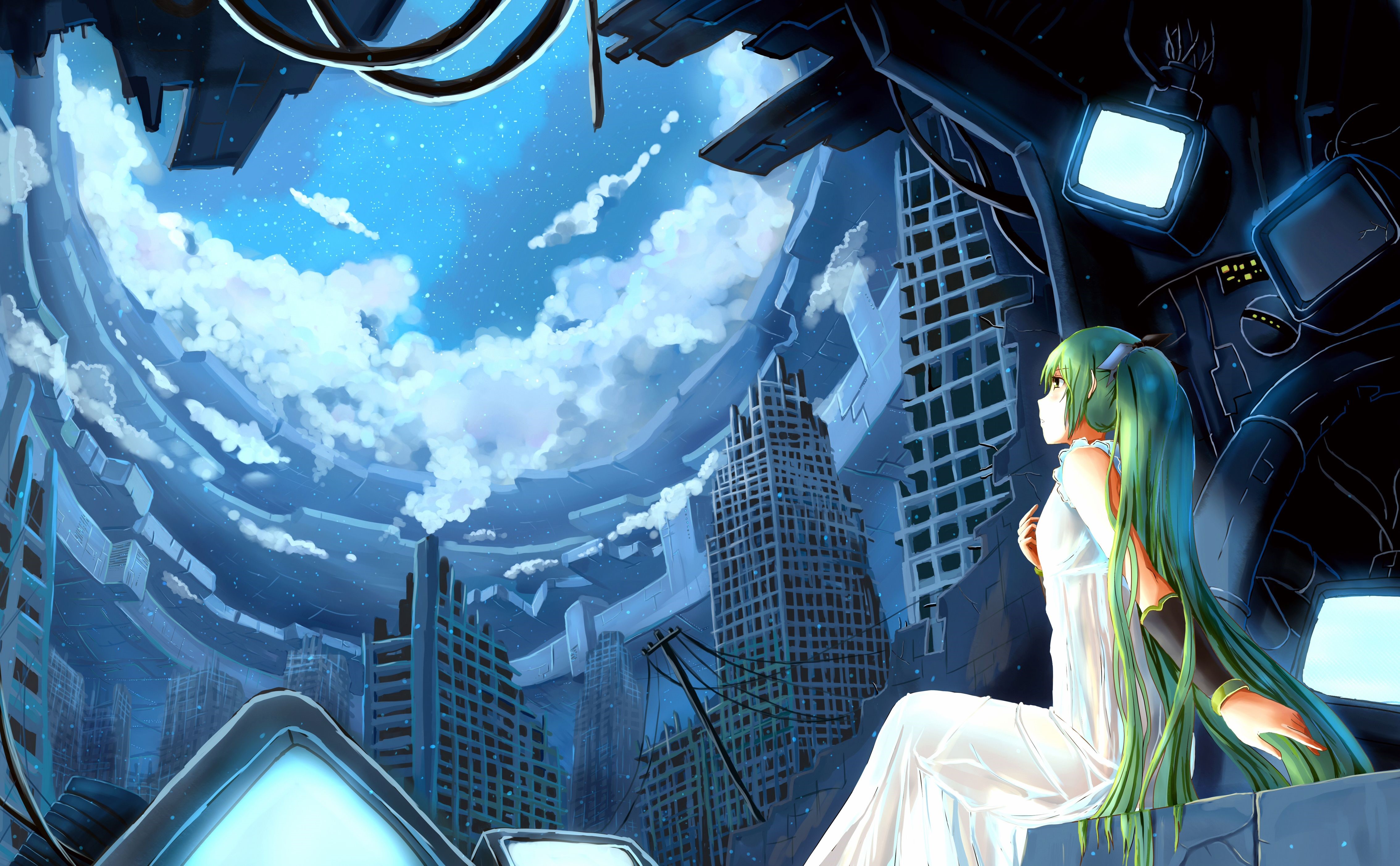 Hatsune Miku in a ruined futuristic city HD Wallpaper