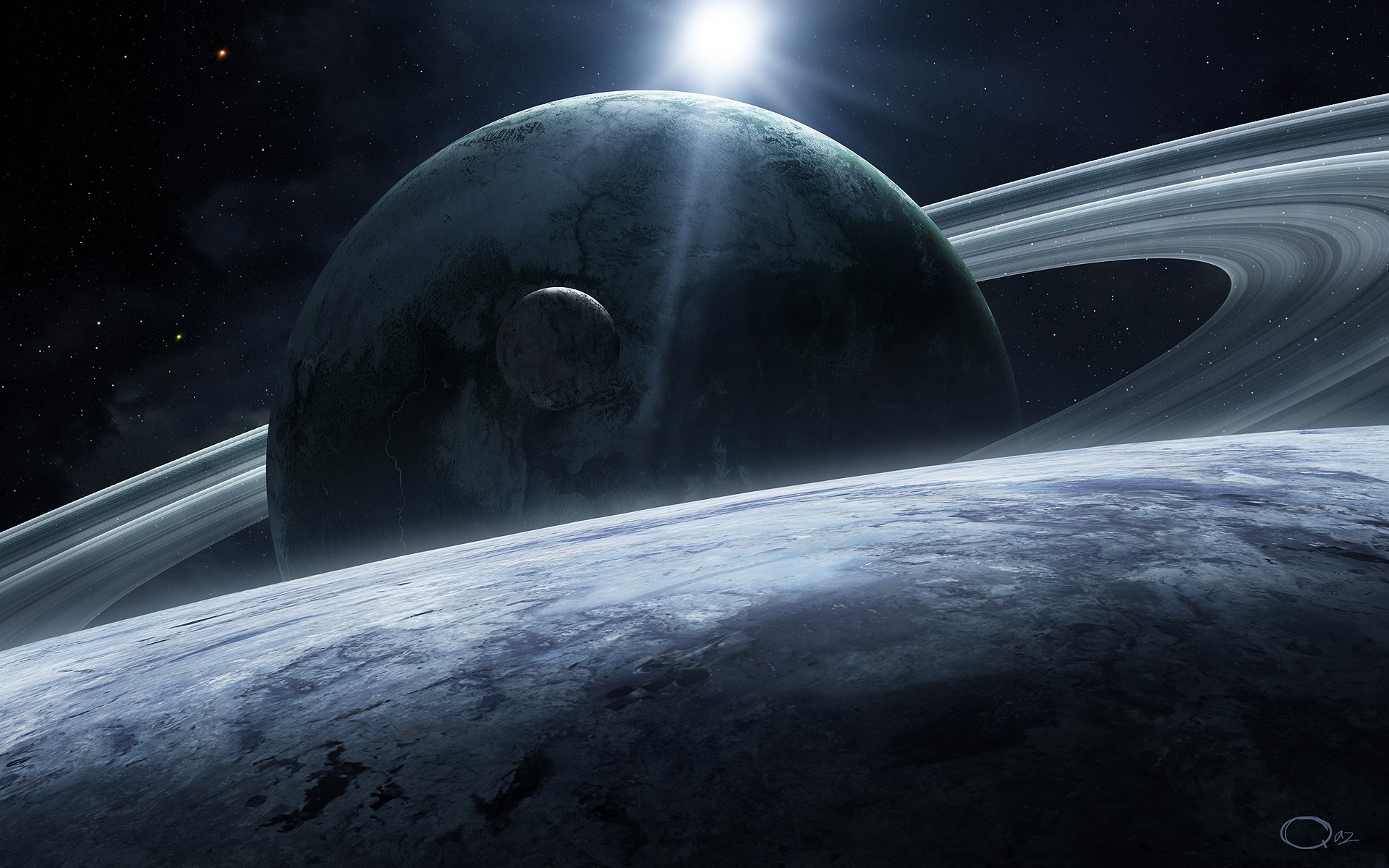 Planets and moons in space with rings HD Wallpaper