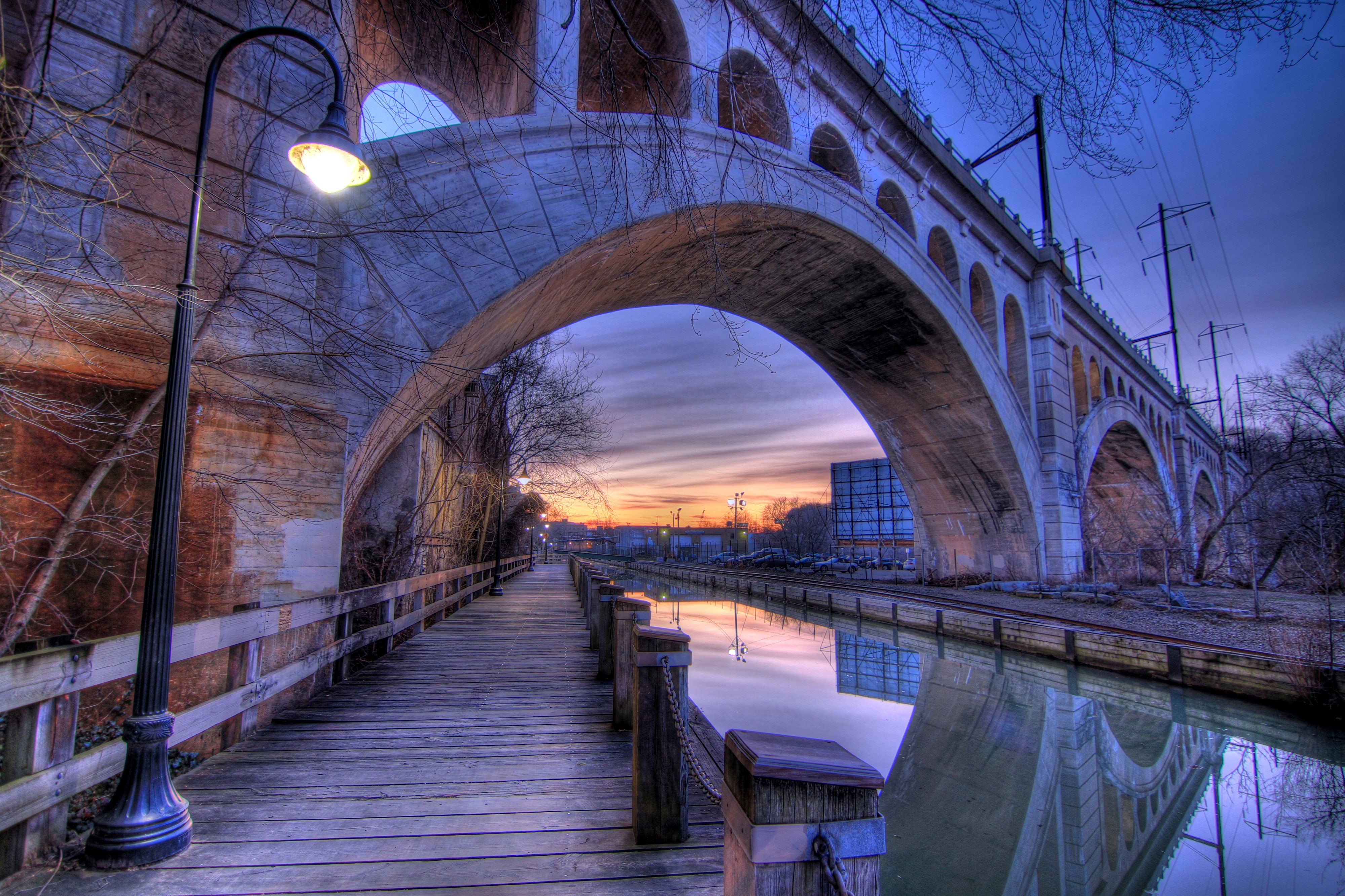 Manayunk Canal Bridge at Dusk HD Wallpaper
