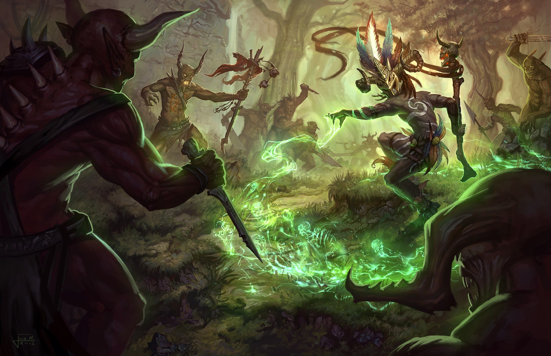 Diablo III: Demons fighting in a forest HD Wallpaper