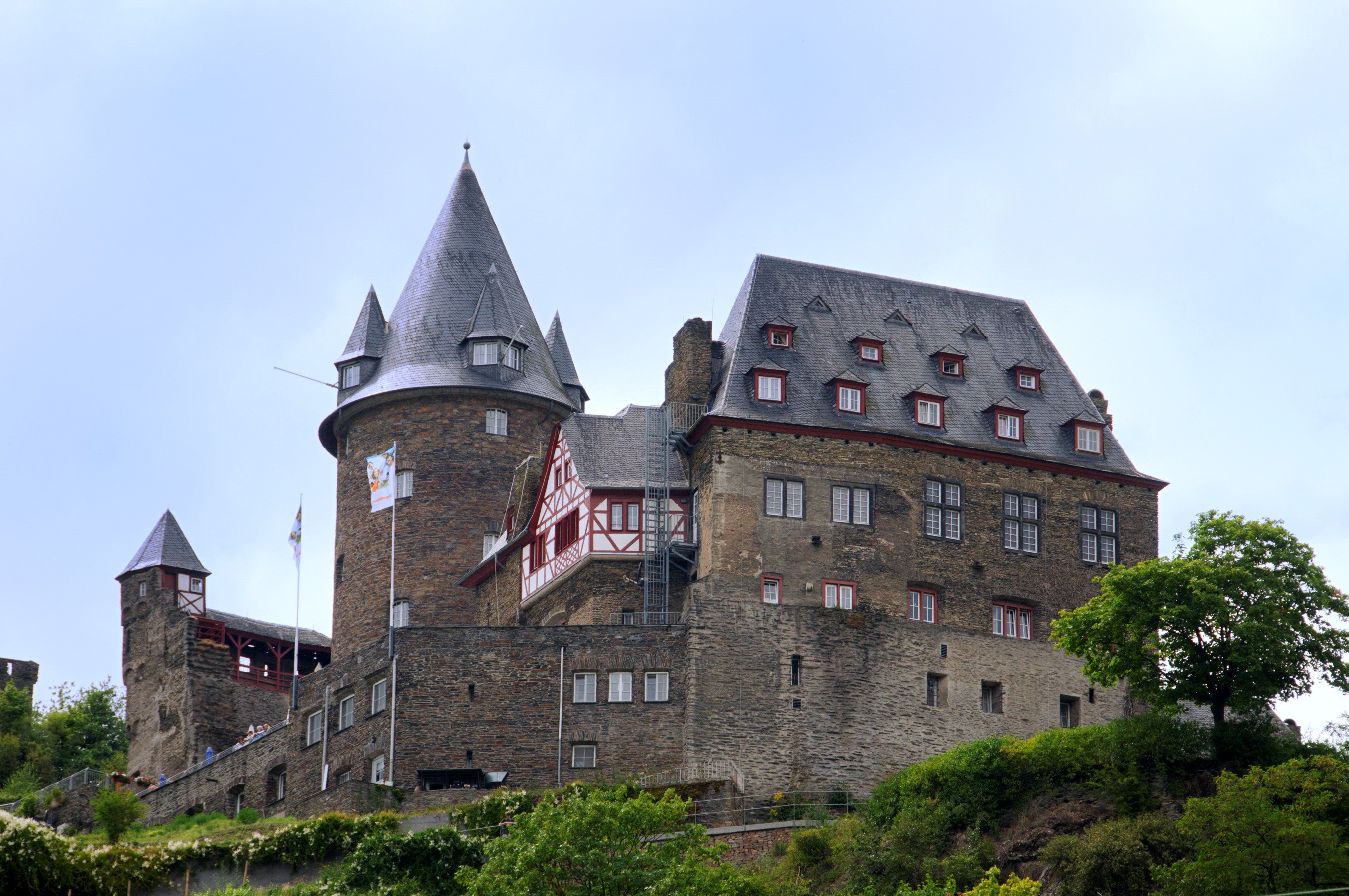 Castle on a hill with flags and trees HD Wallpaper