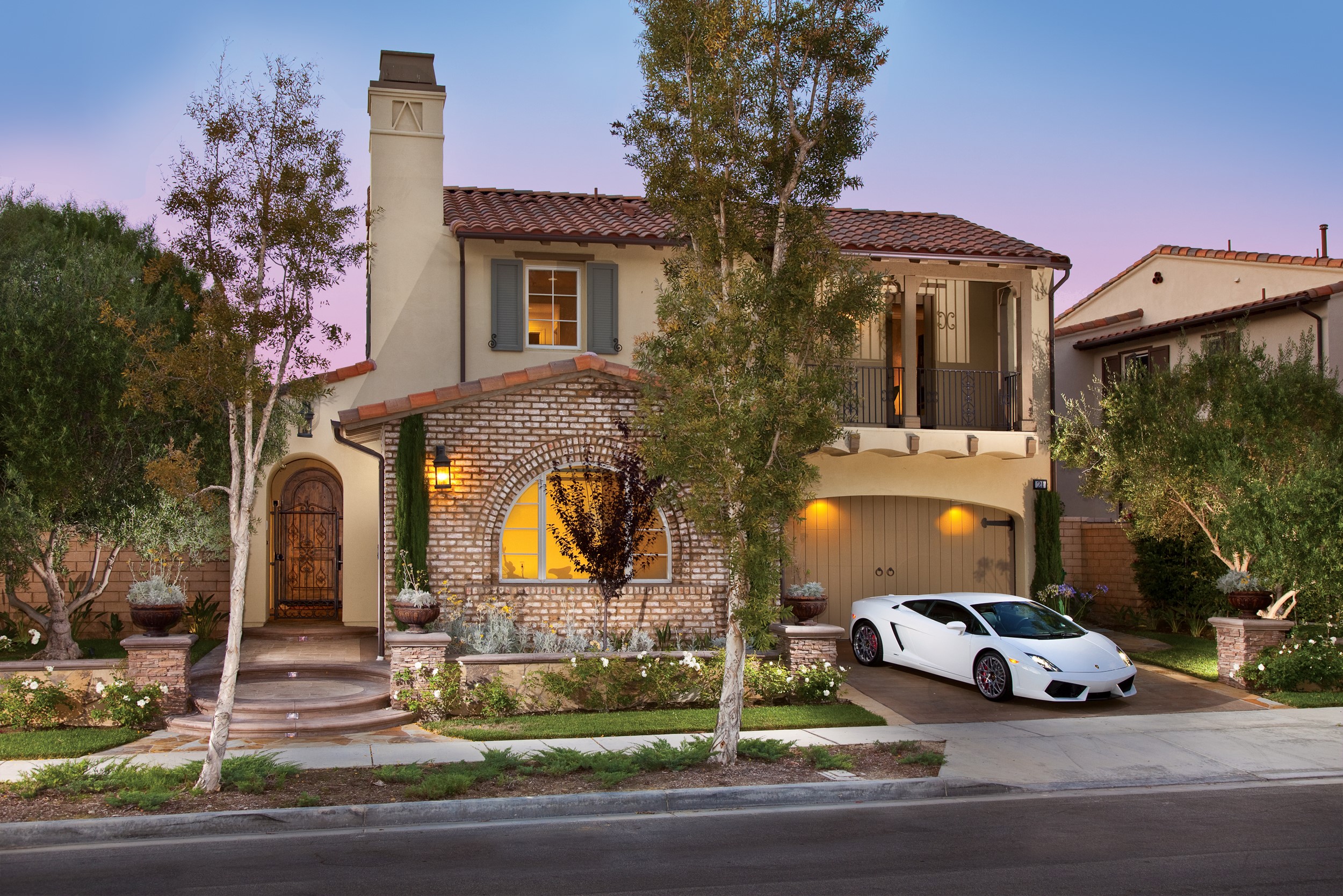 Luxury House with White Sports Car HD Wallpaper
