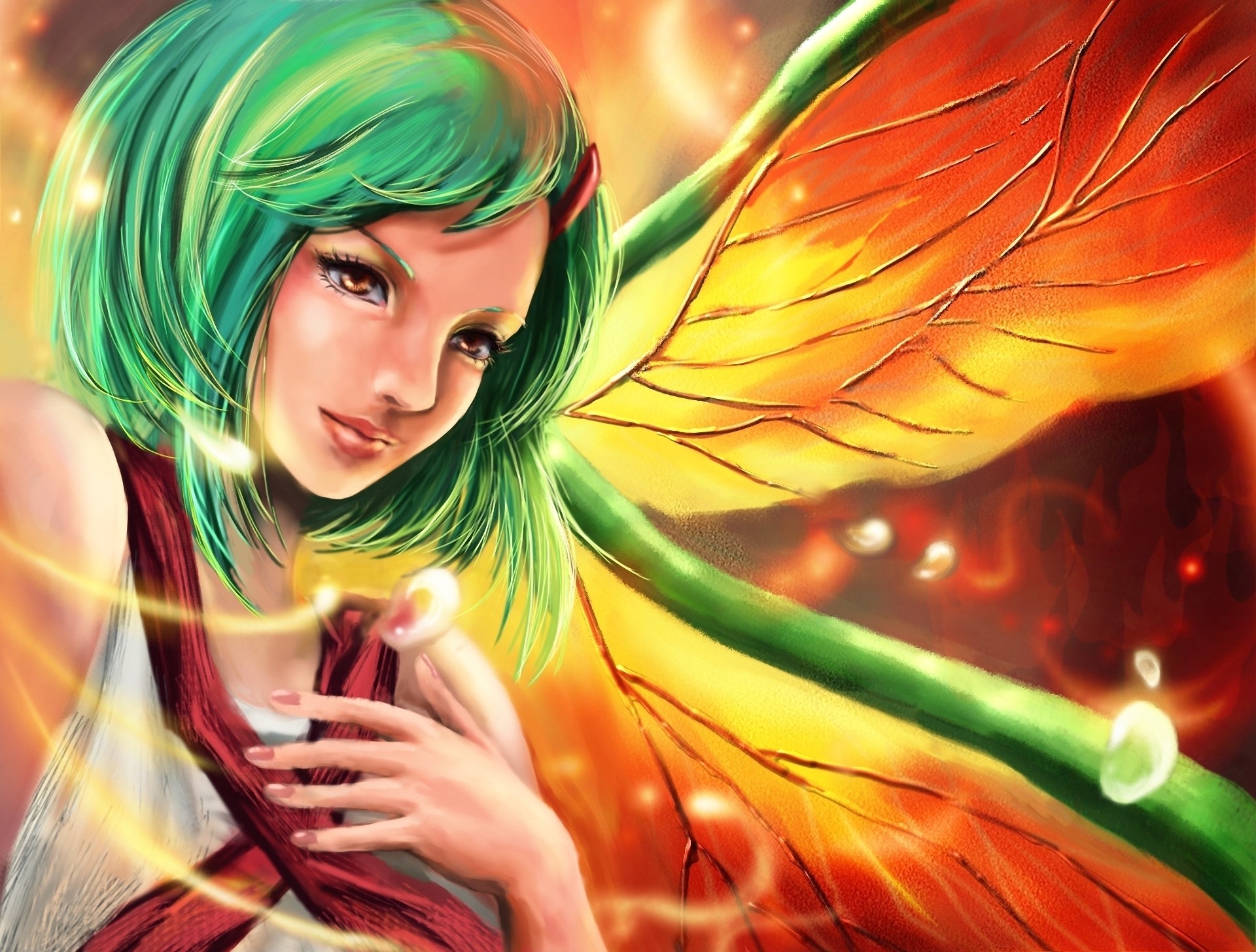 Fairy with green hair and orange wings HD Wallpaper