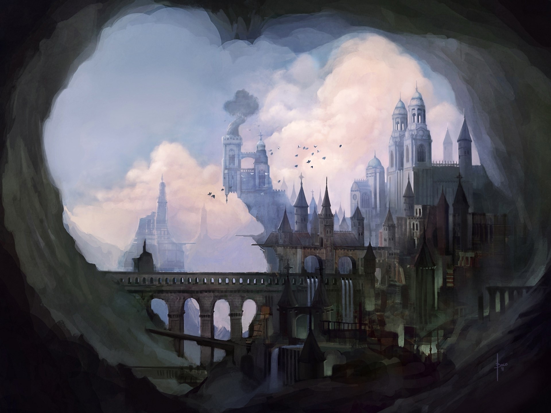Fantasy city with castles and bridges viewed from a cave HD Wallpaper