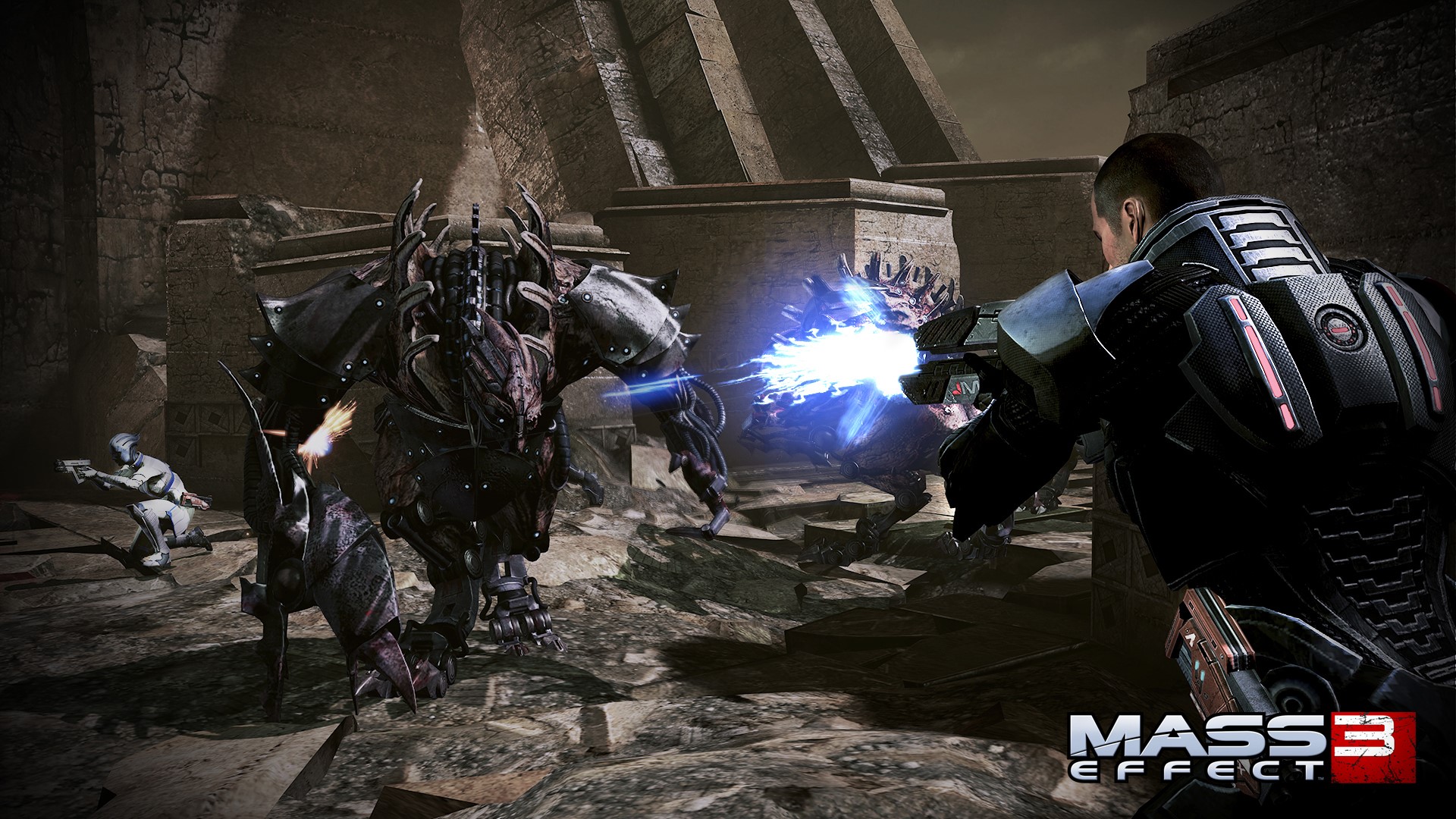 Mass Effect 3 combat scene with alien creatures HD Wallpaper