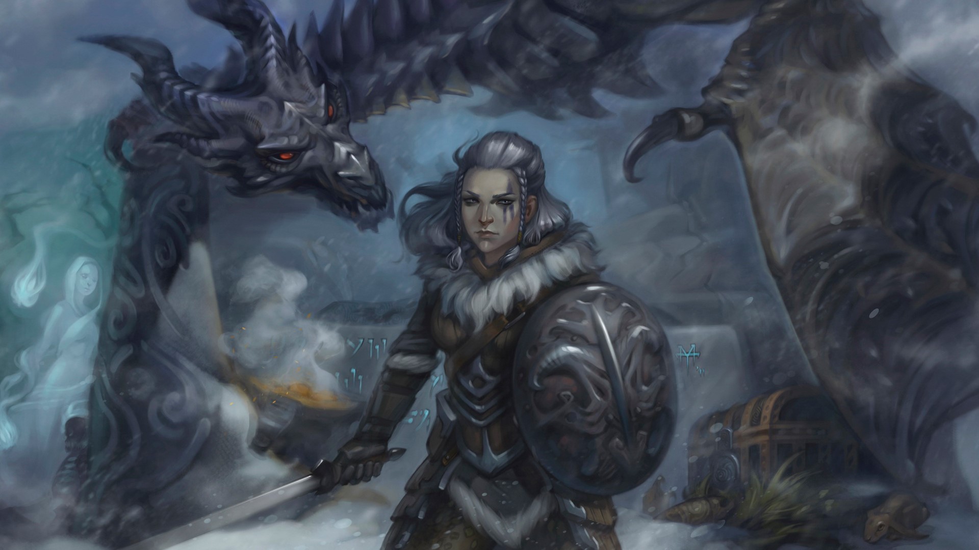 Warrior with Shield and Dragon in Skyrim HD Wallpaper