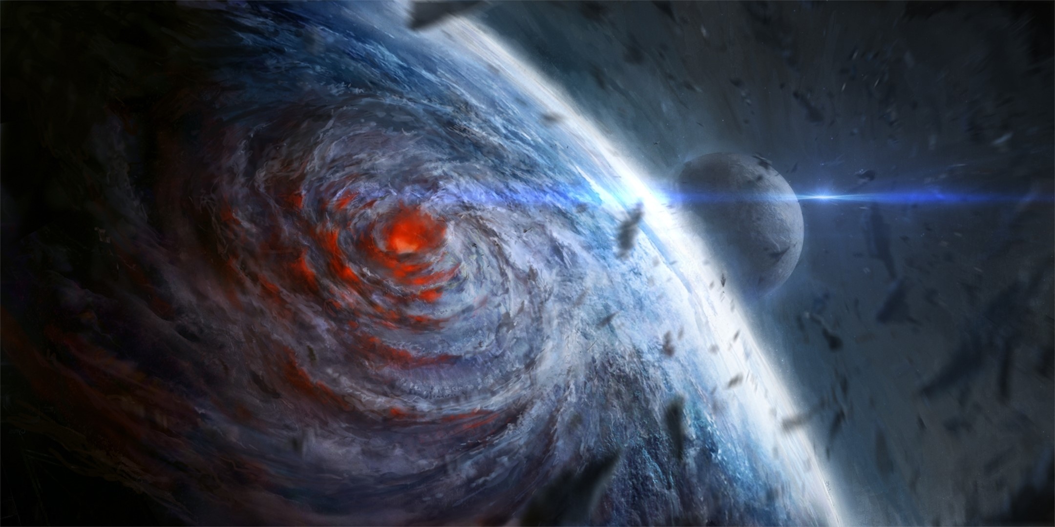 Planet with hurricane and moon in space HD Wallpaper