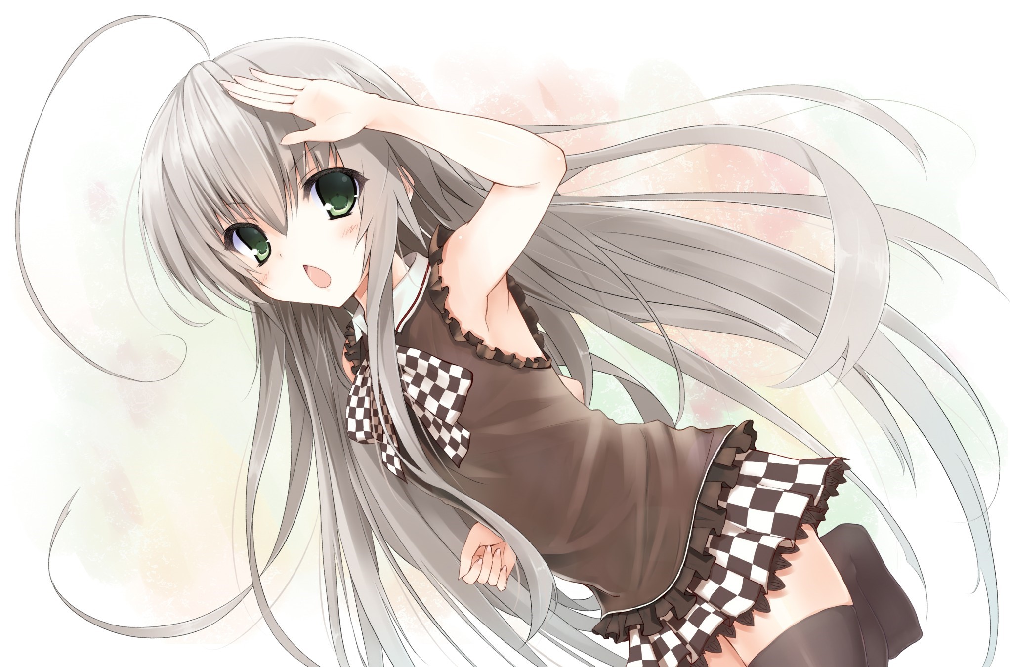 Girl with long gray hair and checkered dress HD Wallpaper