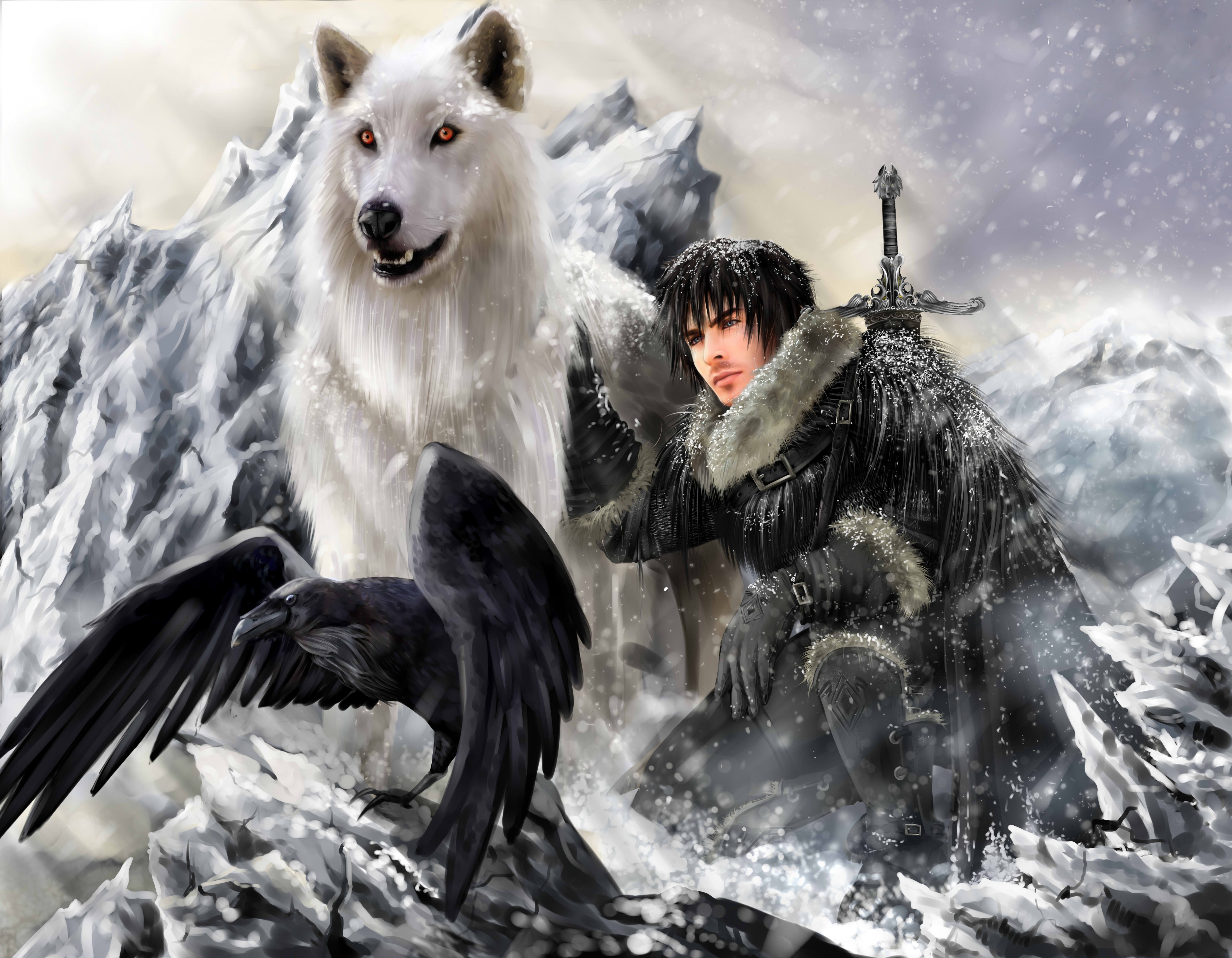 Man with wolf and raven in snowy mountains HD Wallpaper
