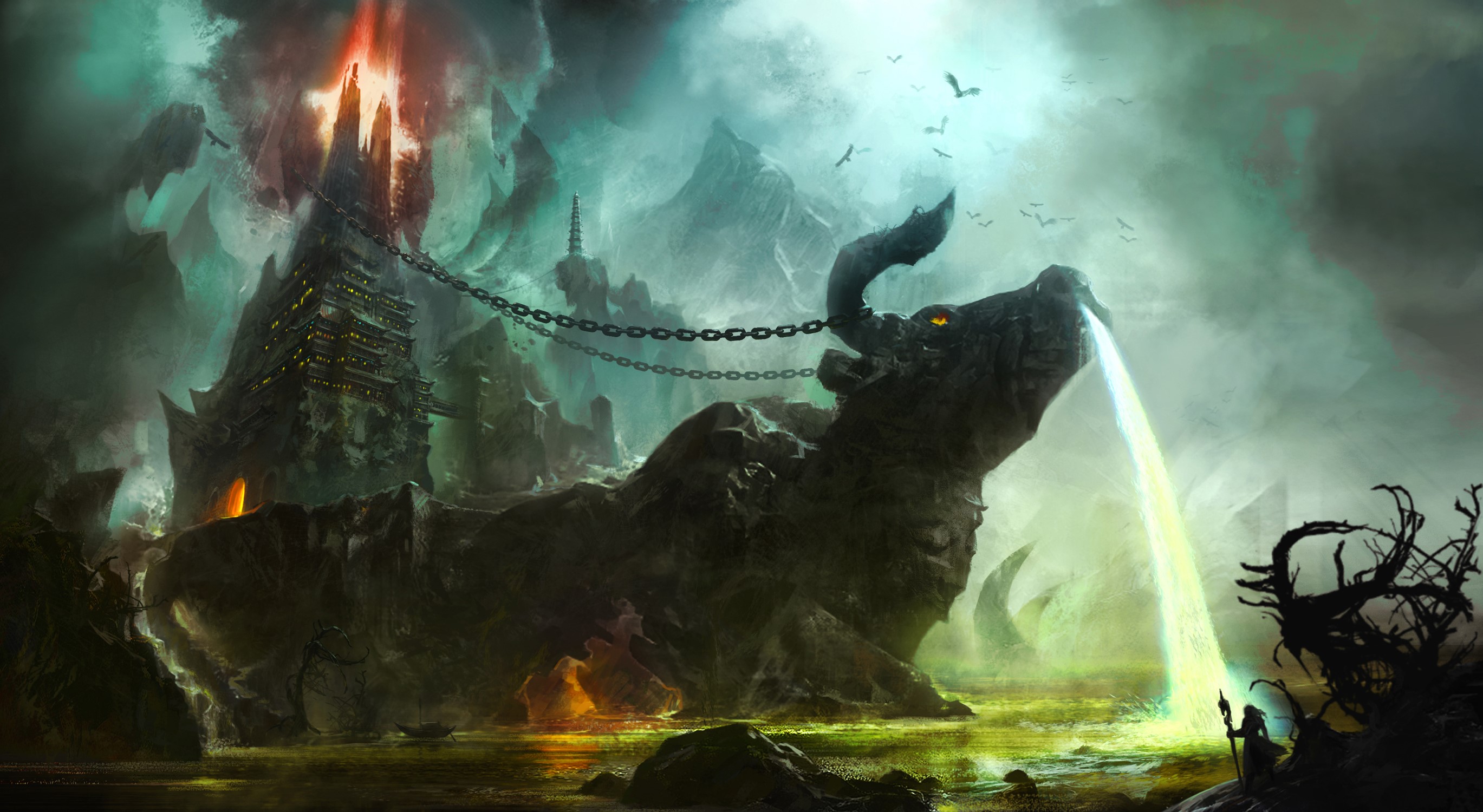 Fantasy landscape with chained bull and tower HD Wallpaper