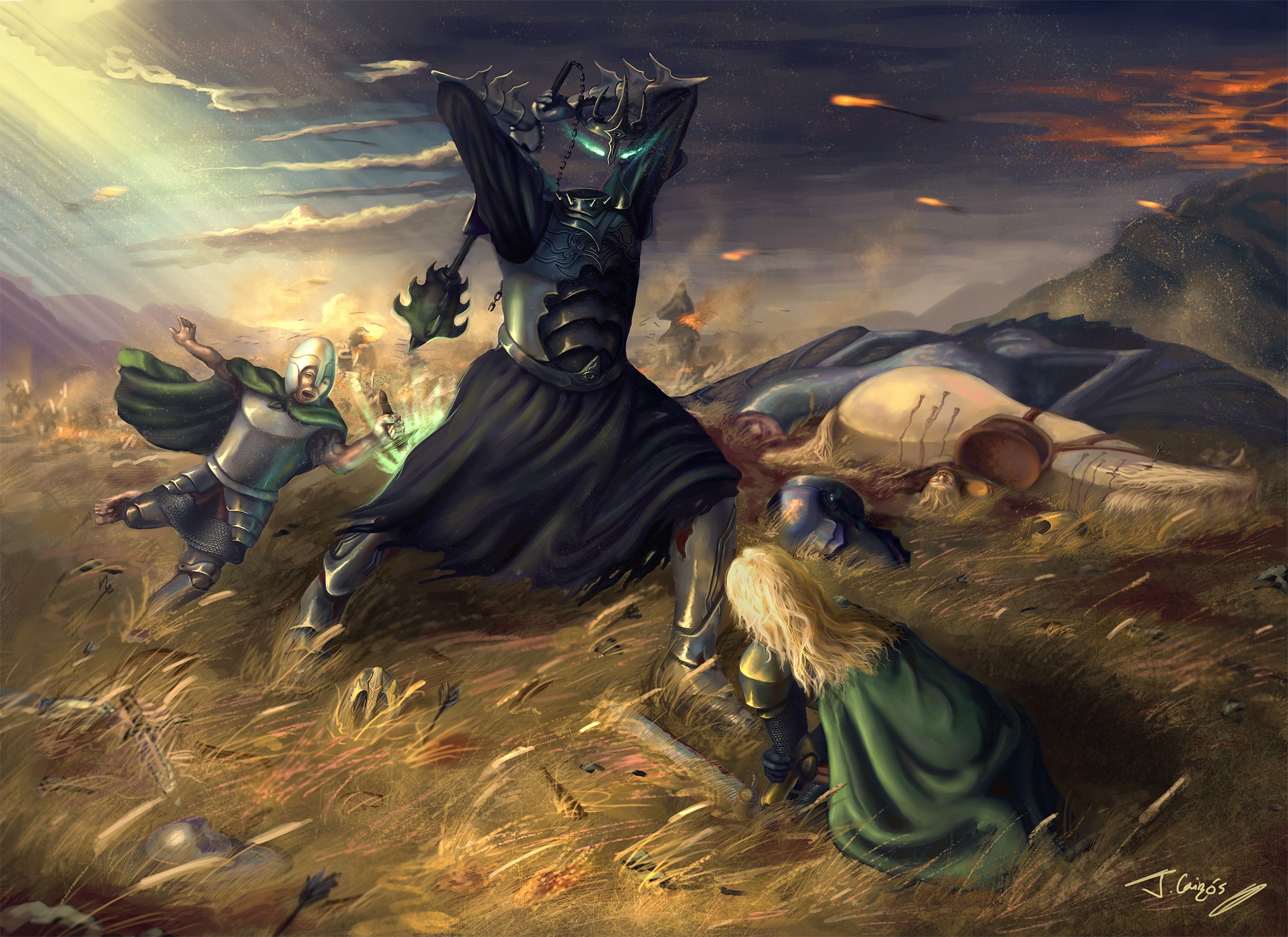 Dark Knight and fallen soldiers on battlefield HD Wallpaper