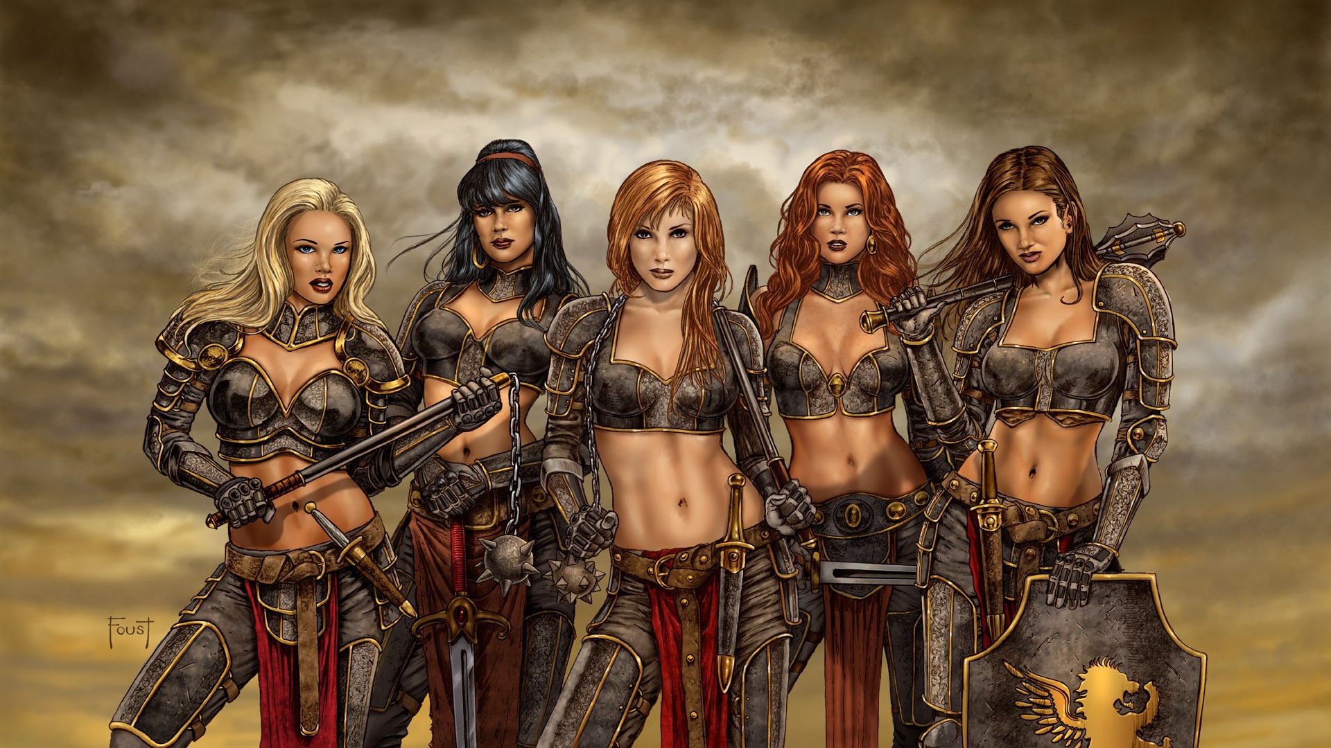 Five female warriors in armor with weapons HD Wallpaper