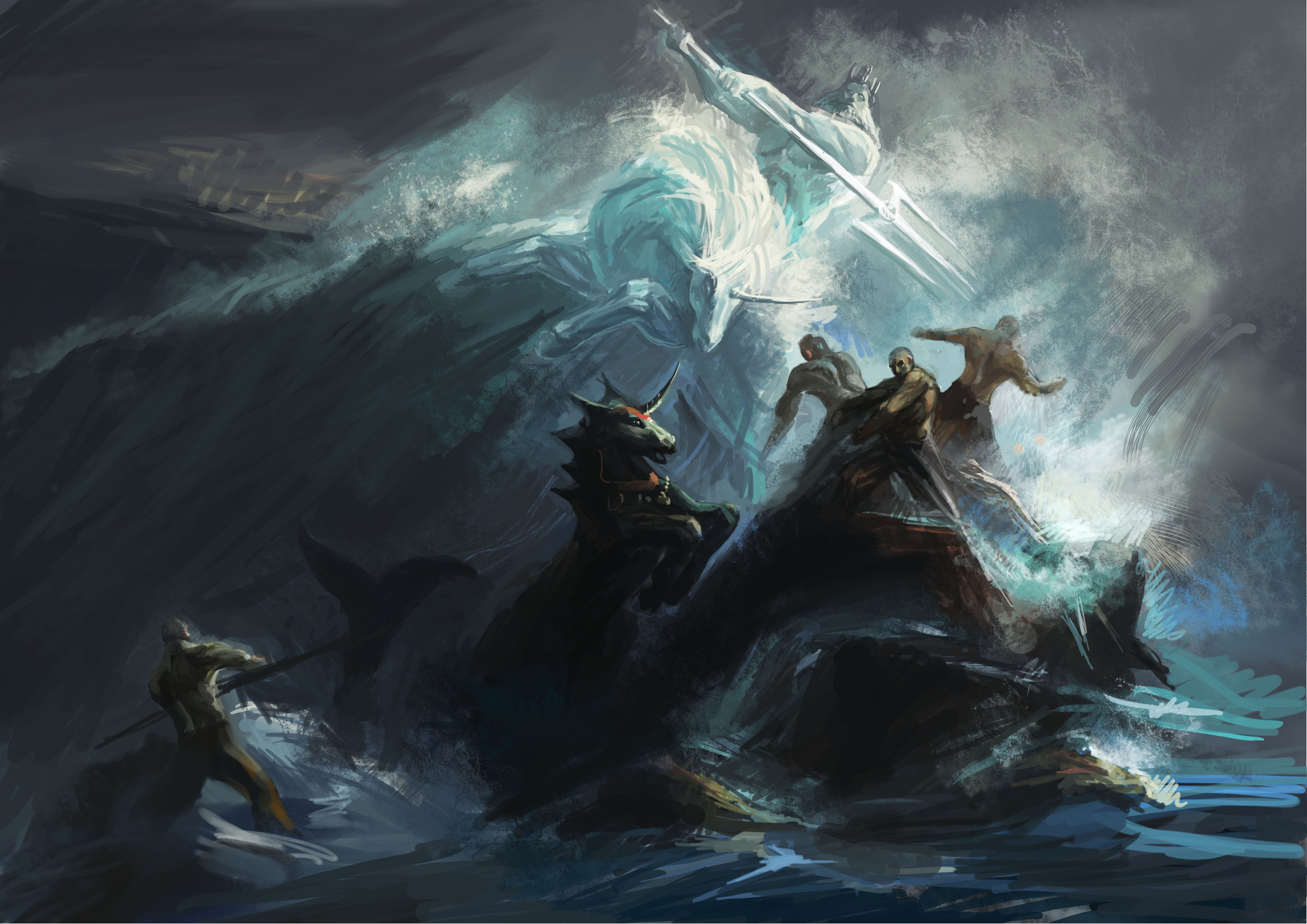 Battle of mythical sea creatures and warriors HD Wallpaper