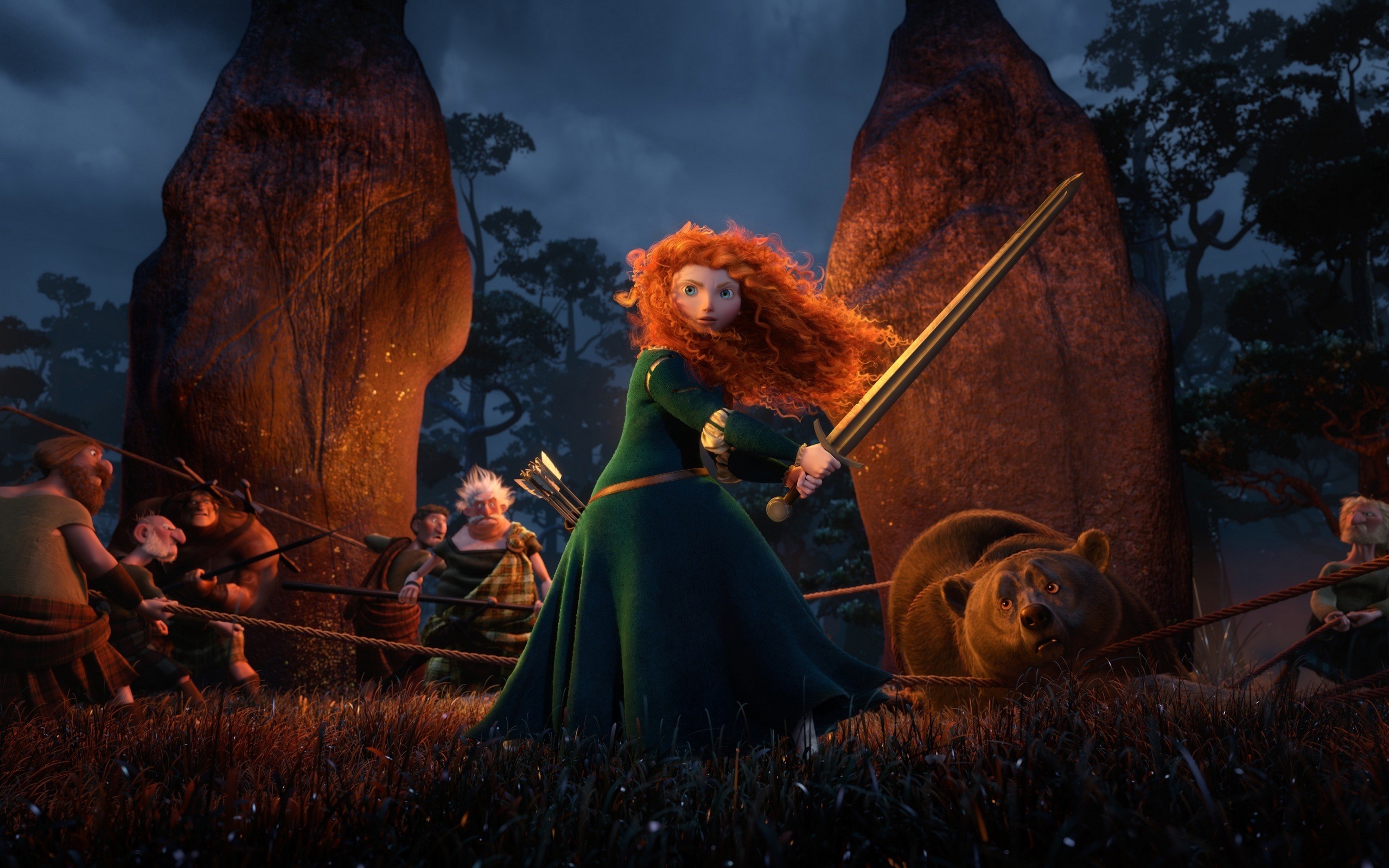 Merida from Brave fighting a bear with warriors HD Wallpaper