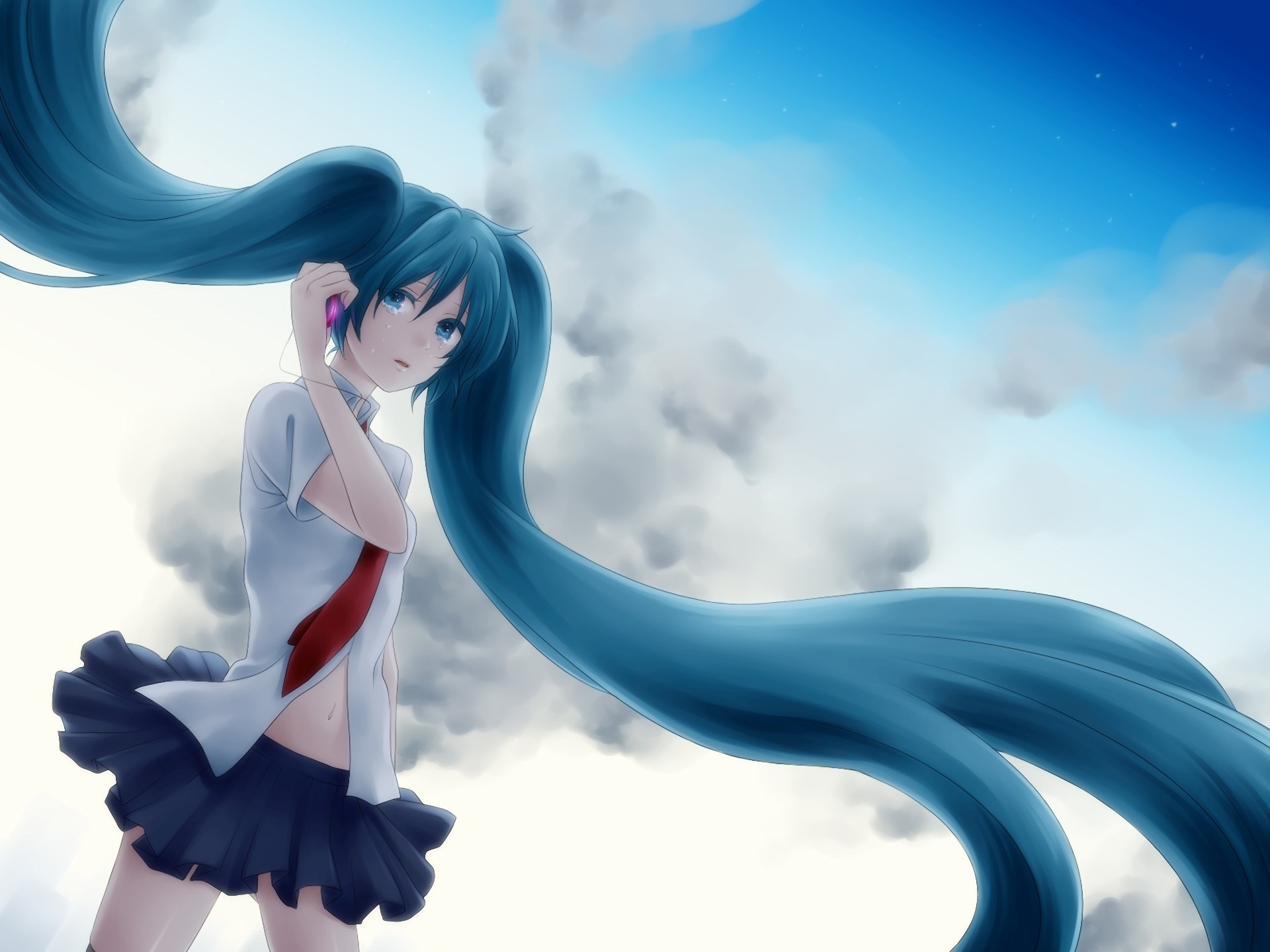 Hatsune Miku with long blue pigtails listening to music HD Wallpaper