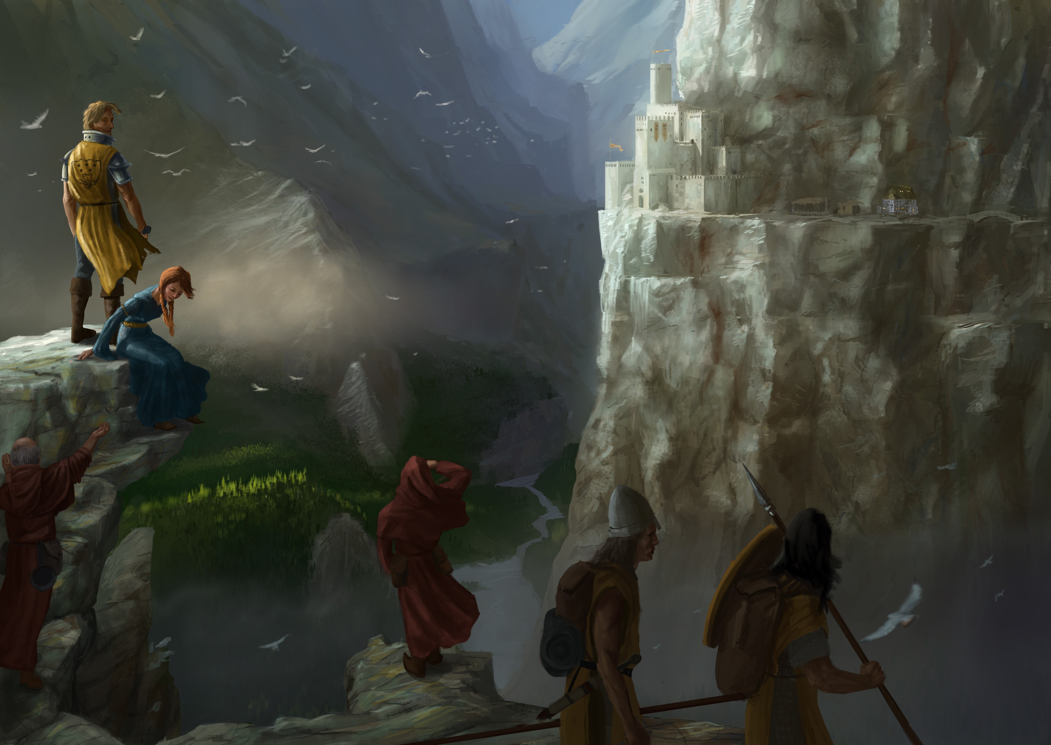 Fantasy illustration of people on a cliff overlooking a castle HD Wallpaper